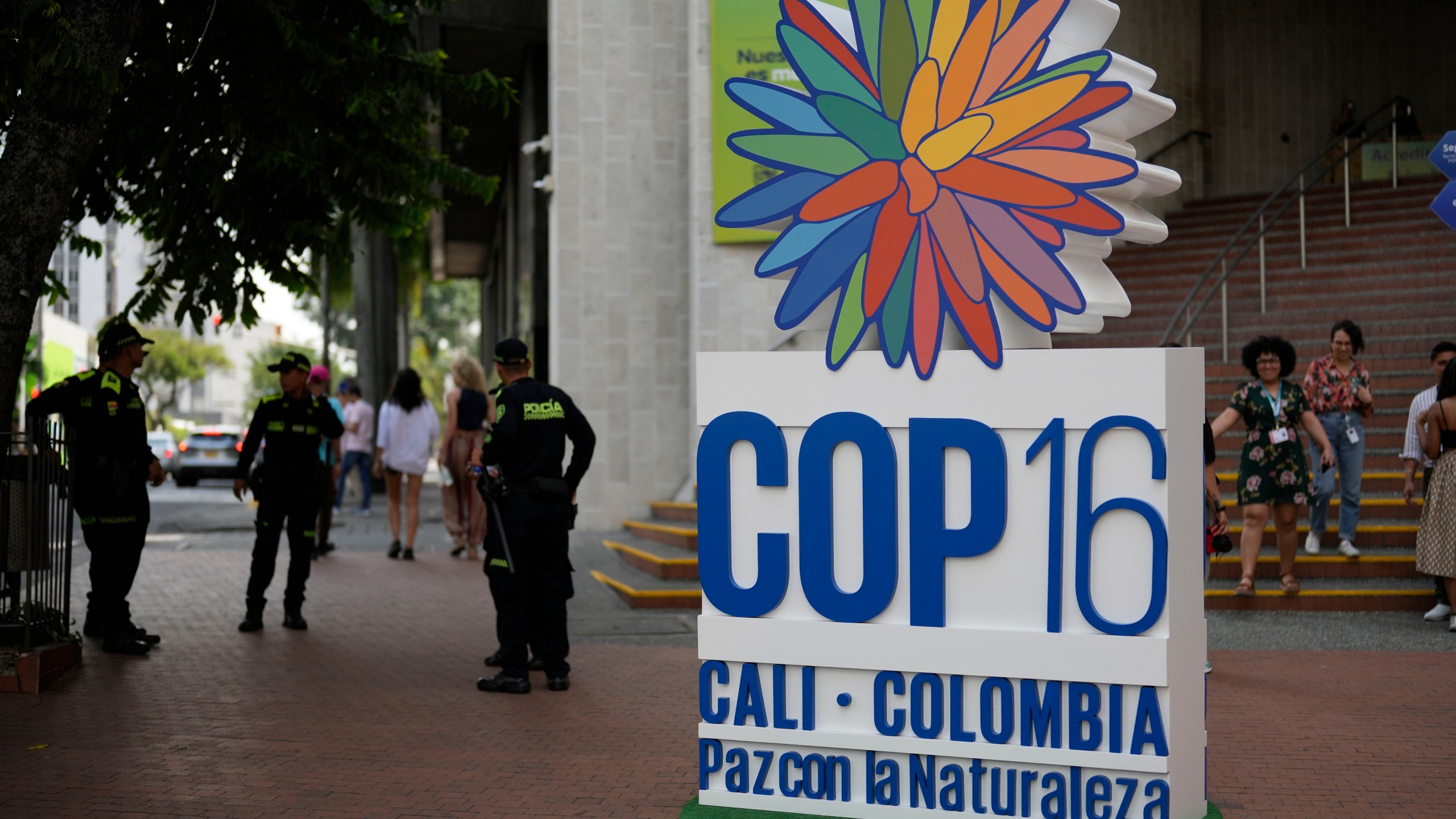 Police stand guard in front of a hotel a day ahead of the COP16 United Nations biodiversity conference, in host city Cali, Colombia, Saturday, Oct. 19, 2024. (AP Photo/Fernando Vergara)