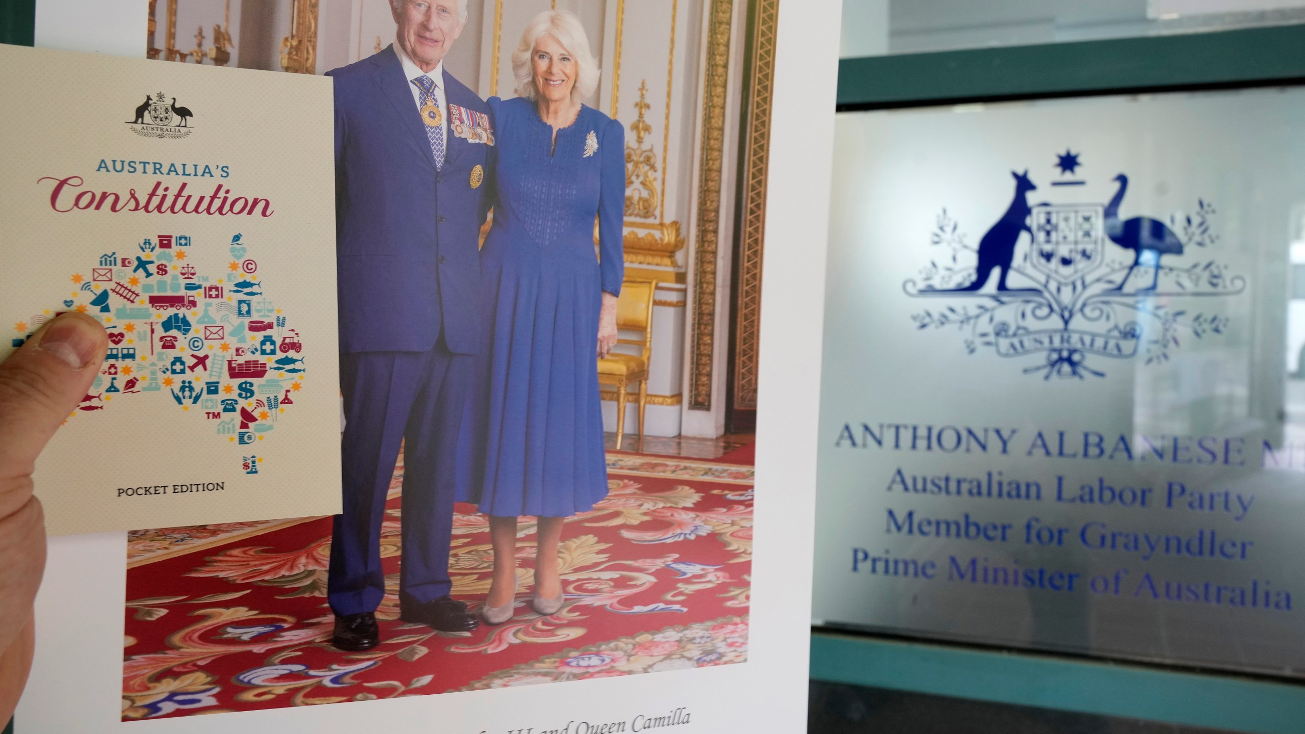 A Nationhood pack is seen in Sydney, Thursday, Oct. 3, 2024, which includes a portrait of Britain's King Charles III and Queen Camilla that are available under a little-known government policy that says every Australian can request, and receive, a portrait of their monarch. (AP Photo/Rick Rycroft)