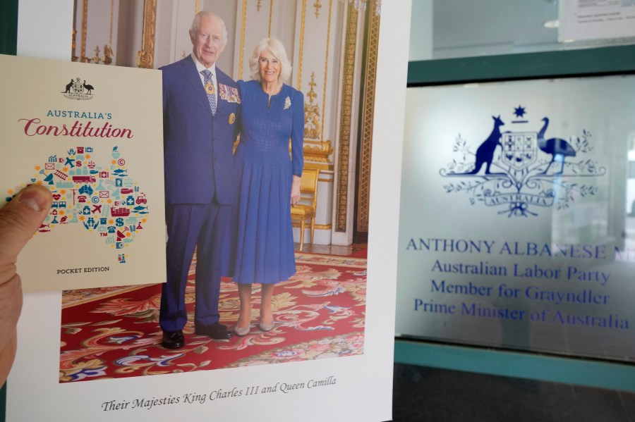 A Nationhood pack is seen in Sydney, Thursday, Oct. 3, 2024, which includes a portrait of Britain's King Charles III and Queen Camilla that are available under a little-known government policy that says every Australian can request, and receive, a portrait of their monarch. (AP Photo/Rick Rycroft)