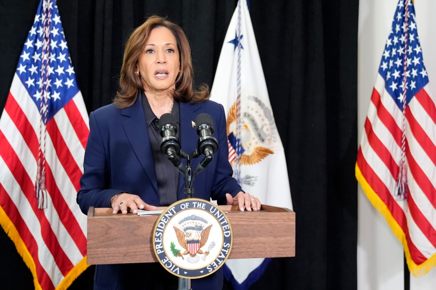 Democratic presidential nominee Vice President Kamala Harris speaks about the killing of Hamas' top leader Yahya Sinwar in a battle with Israeli forces in Gaza, Thursday, Oct. 17, 2024, following a campaign rally at the University of Wisconsin Milwaukee. (AP Photo/Jacquelyn Martin)