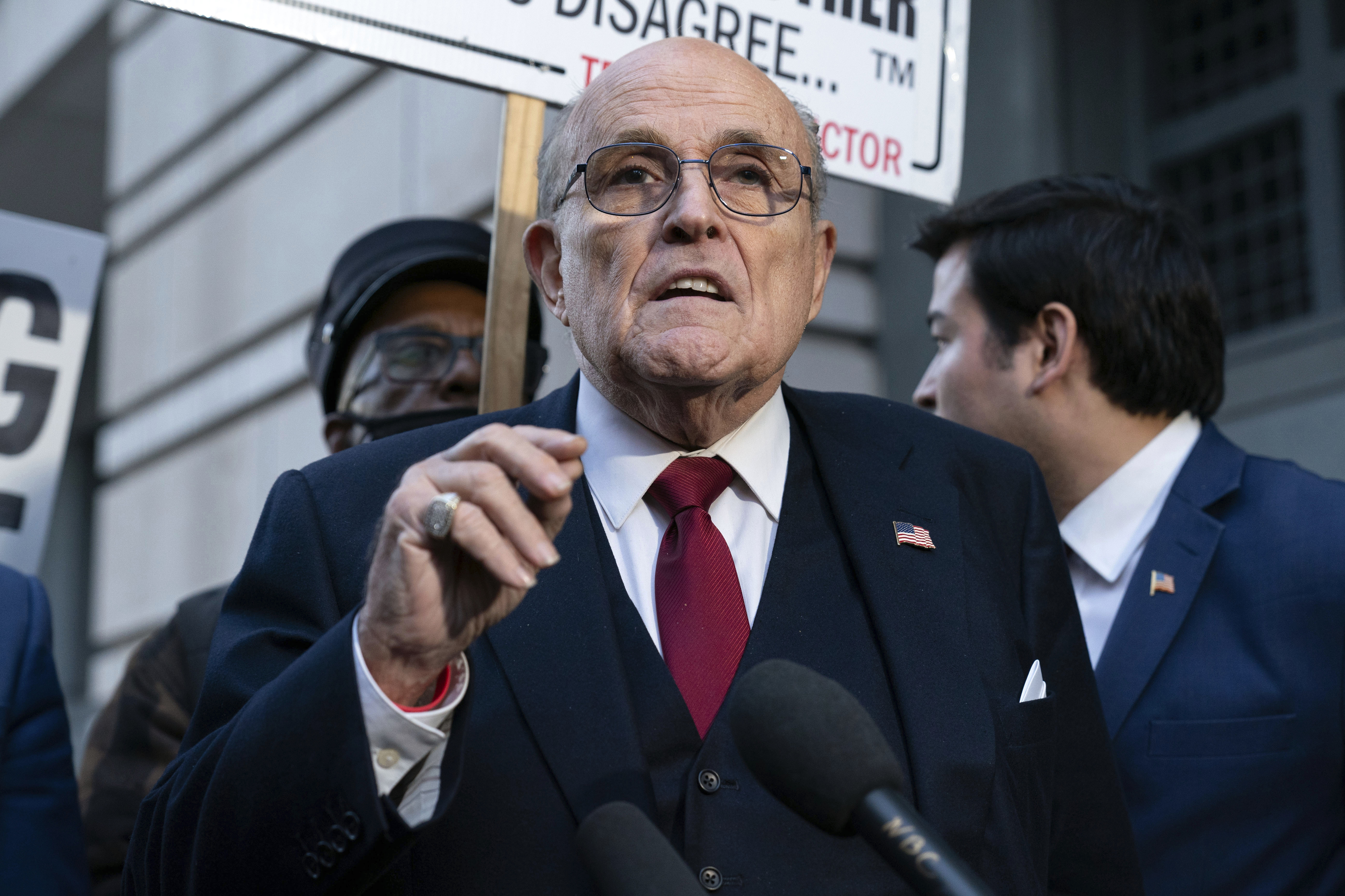 FILE - Rudy Giuliani speaks during a news conference outside federal court in Washington, Dec. 15, 2023. (AP Photo/Jose Luis Magana, File)