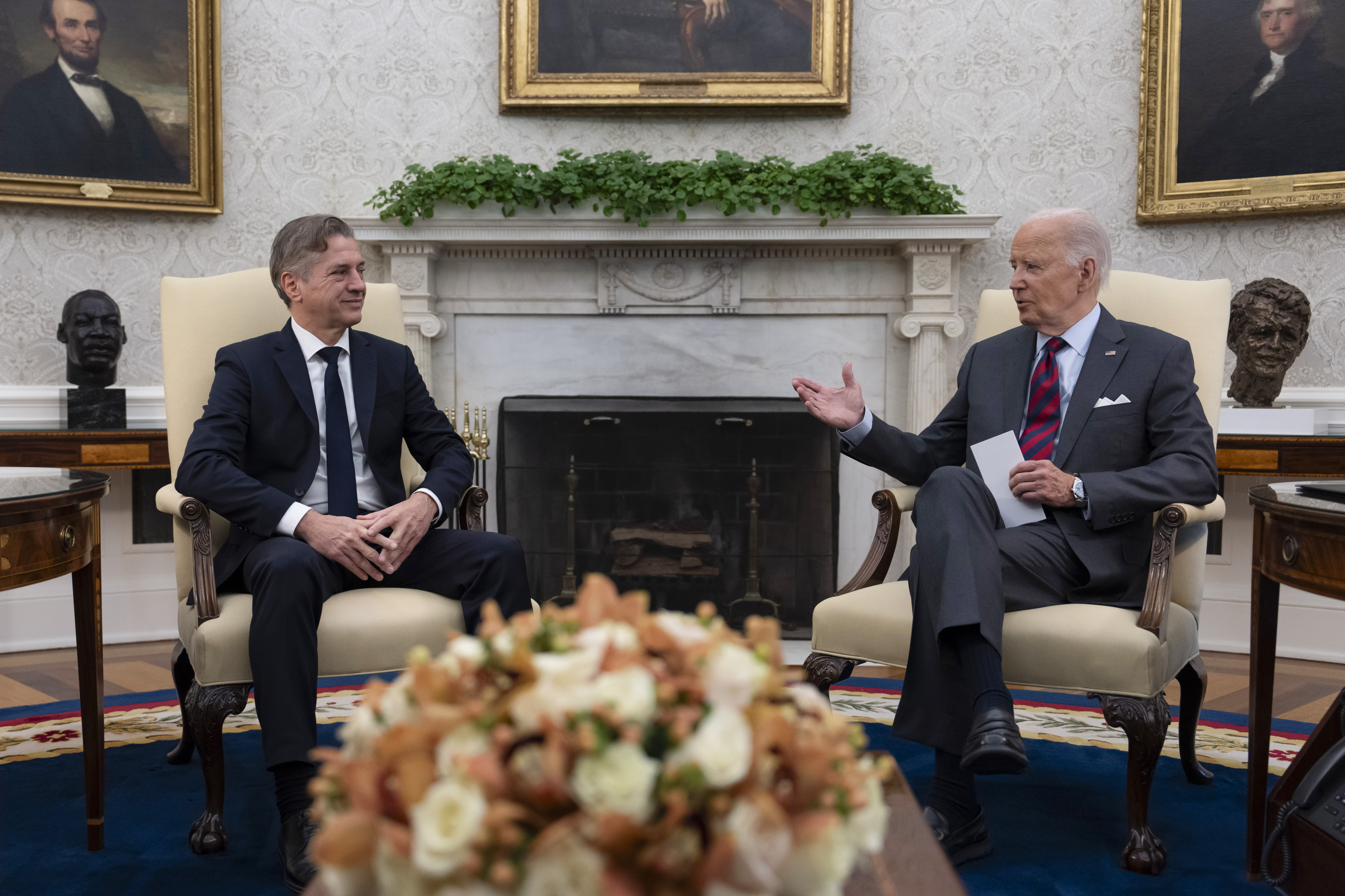 President Joe Biden meets with Slovenia's Prime Minister Robert Golob, left, in the Oval Office of the White House in Washington, Tuesday, Oct. 22, 2024. (AP Photo/Ben Curtis)