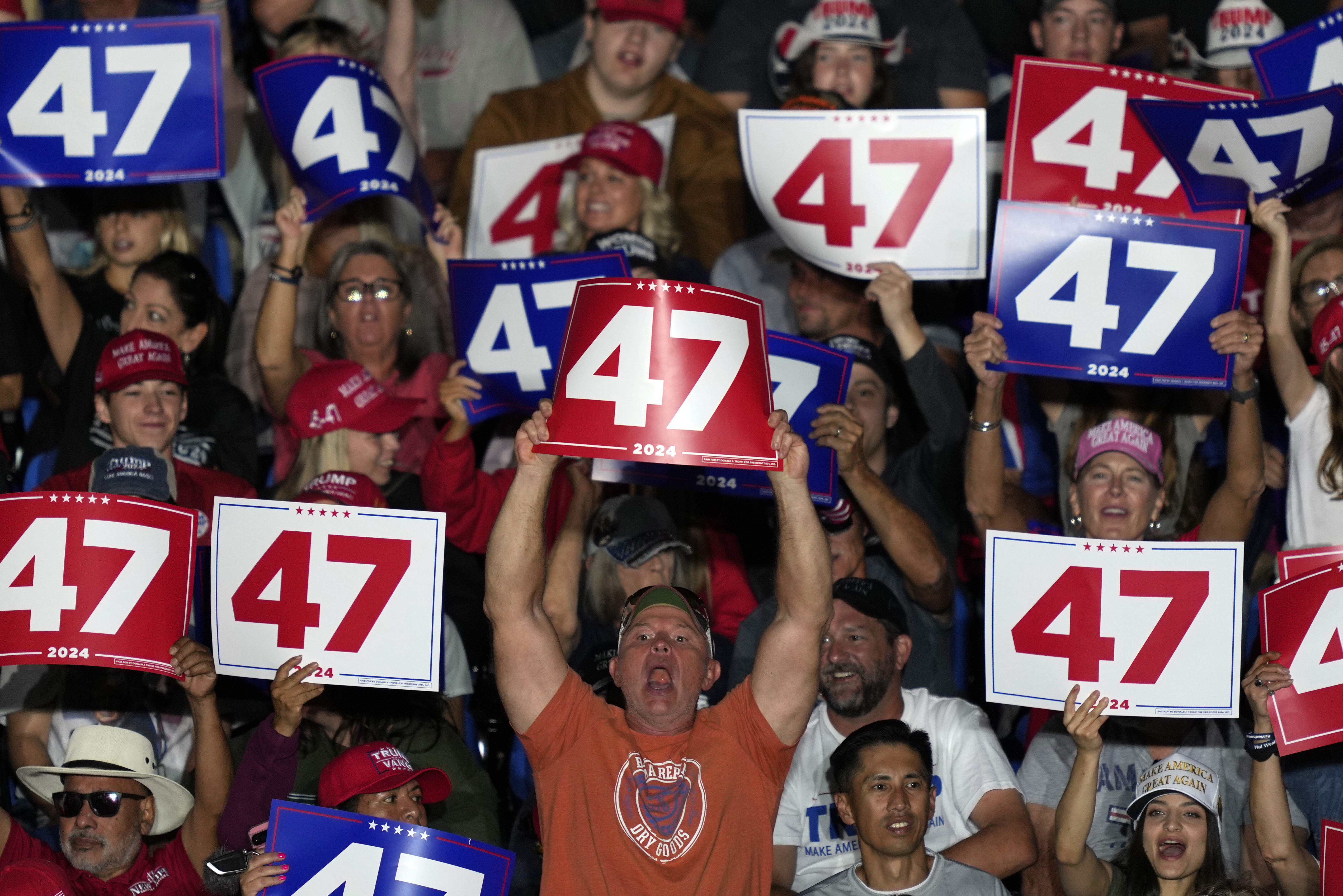 Supporters cheer before Republican presidential nominee former President Donald Trump speaks at a campaign rally at Greensboro Coliseum, Tuesday, Oct. 22, 2024, in Greensboro, N.C. (AP Photo/Julia Demaree Nikhinson)