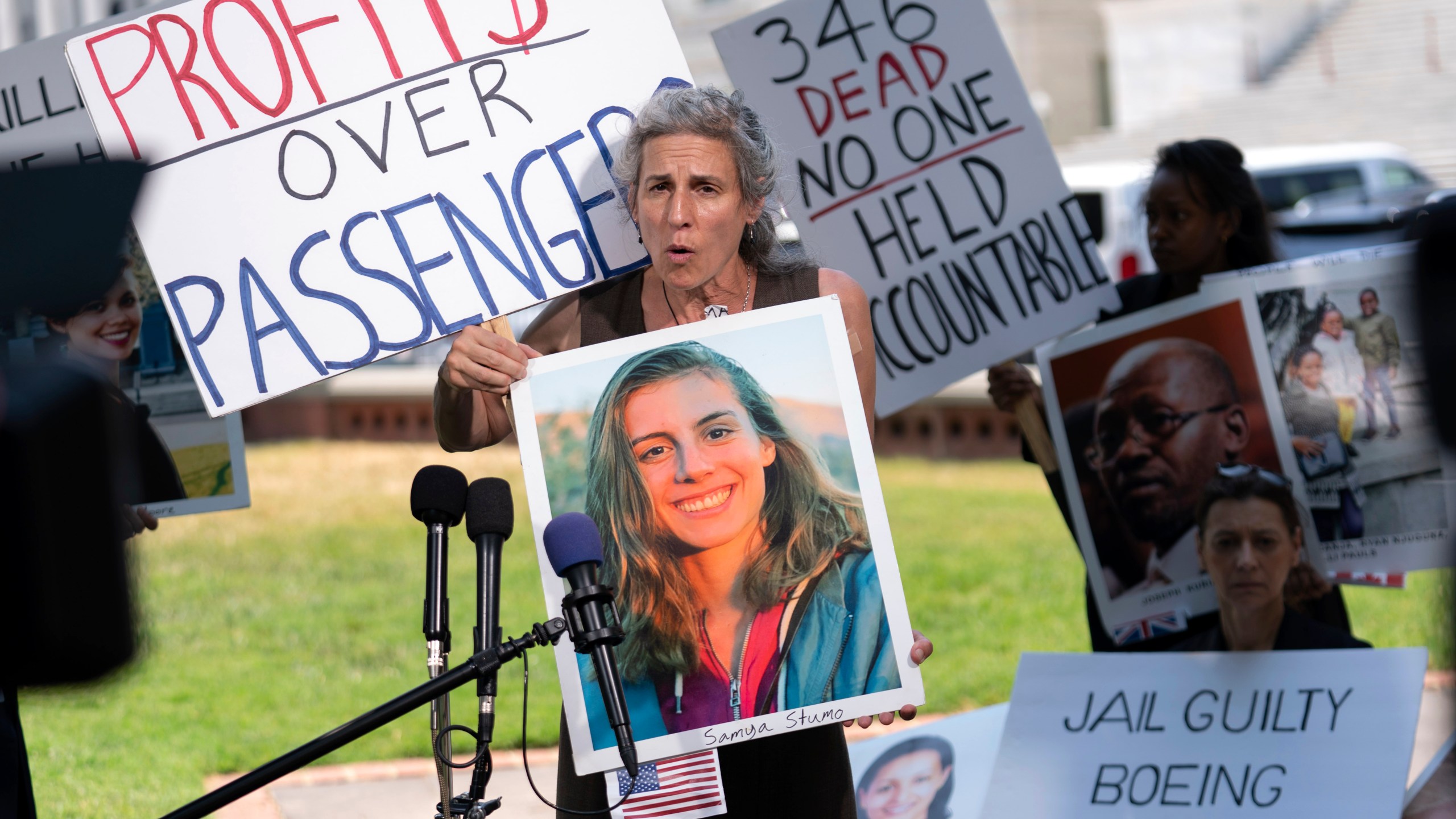 FILE - Nadia Milleron, parent of Samya Rose Stumo, one of the victims of the Boeing 737 Max crash in Ethiopia, holds her photograph as she speaks at a news conference on Capitol Hill, June 18, 2024, in Washington. ( AP Photo/Jose Luis Magana, File)