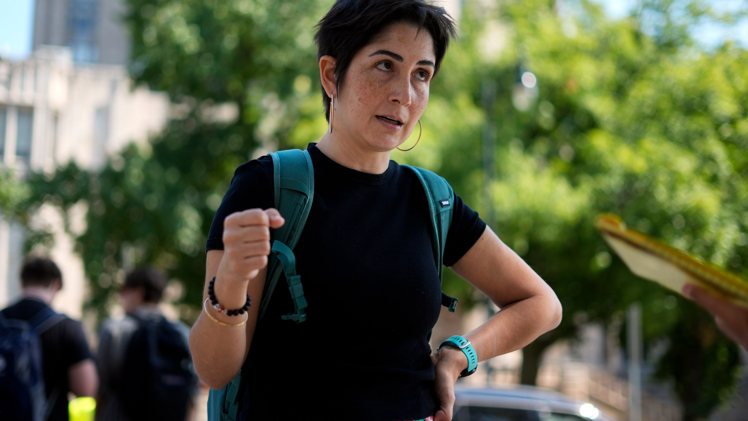 Lelia Nilipour, a doctoral student at the University of Pittsburgh, talks with a reporter on campus in Pittsburgh, Thursday, Sept. 12, 2024. (AP Photo/Gene J. Puskar)