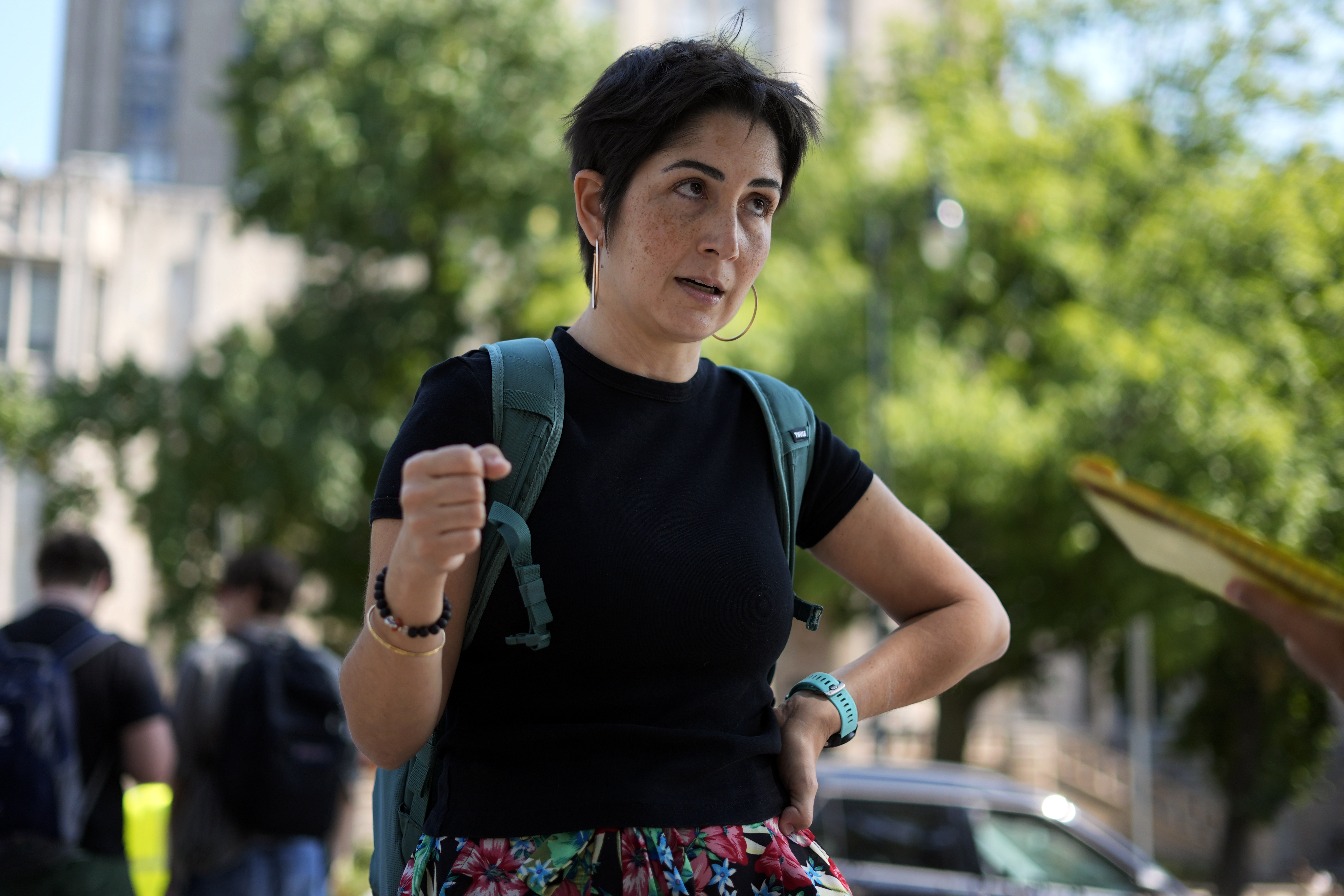 Lelia Nilipour, a doctoral student at the University of Pittsburgh, talks with a reporter on campus in Pittsburgh, Thursday, Sept. 12, 2024. (AP Photo/Gene J. Puskar)