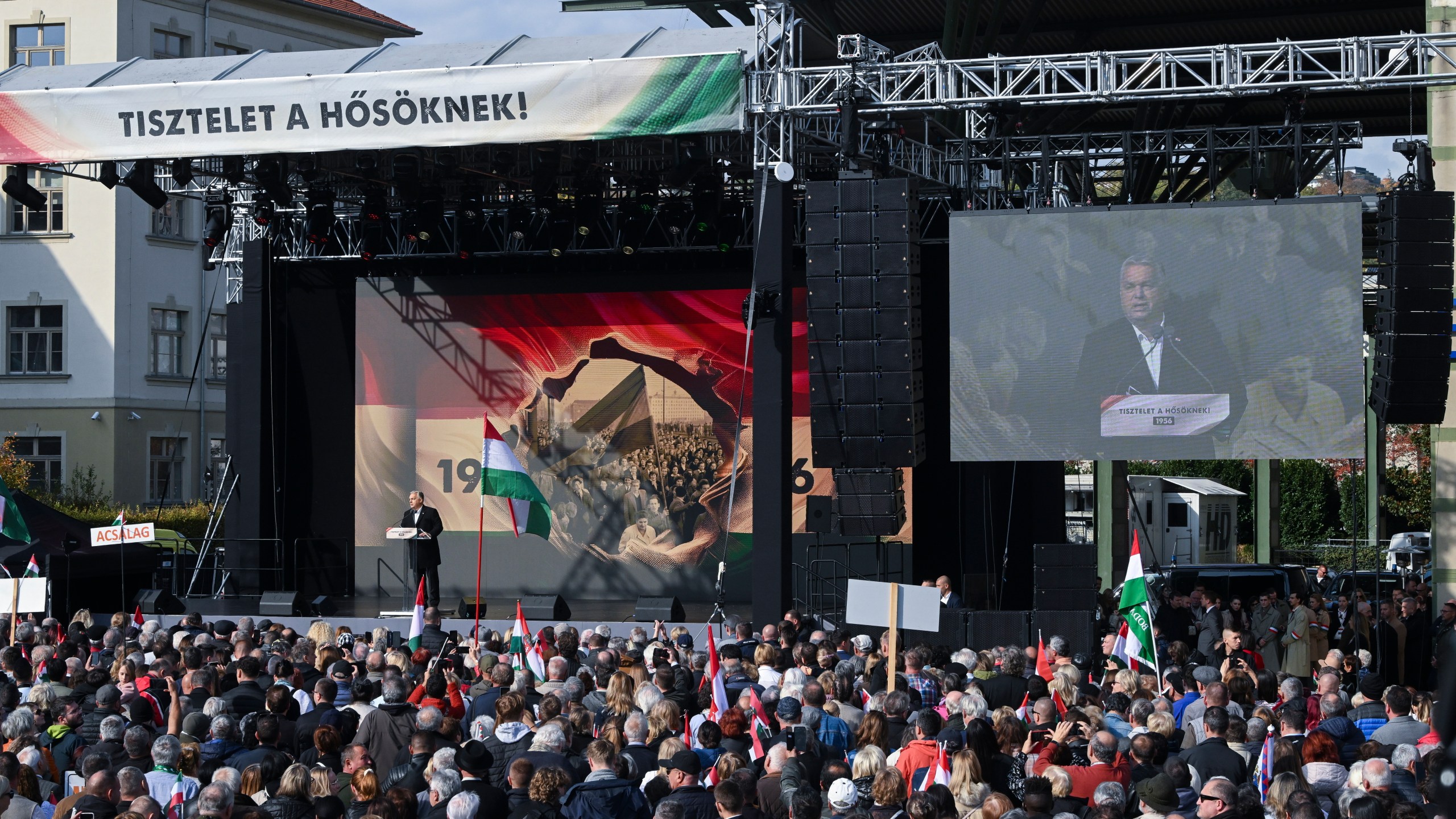 Hungarian Prime Minister Viktor Orban speaks during the meating to mark the 68th anniversary of the 1956 Hungarian revolution, at the Millenaris Park, in Budapest, Hungary, Wednesday, Oct. 23, 2024. (Szilard Koszticsak/MTI via AP)