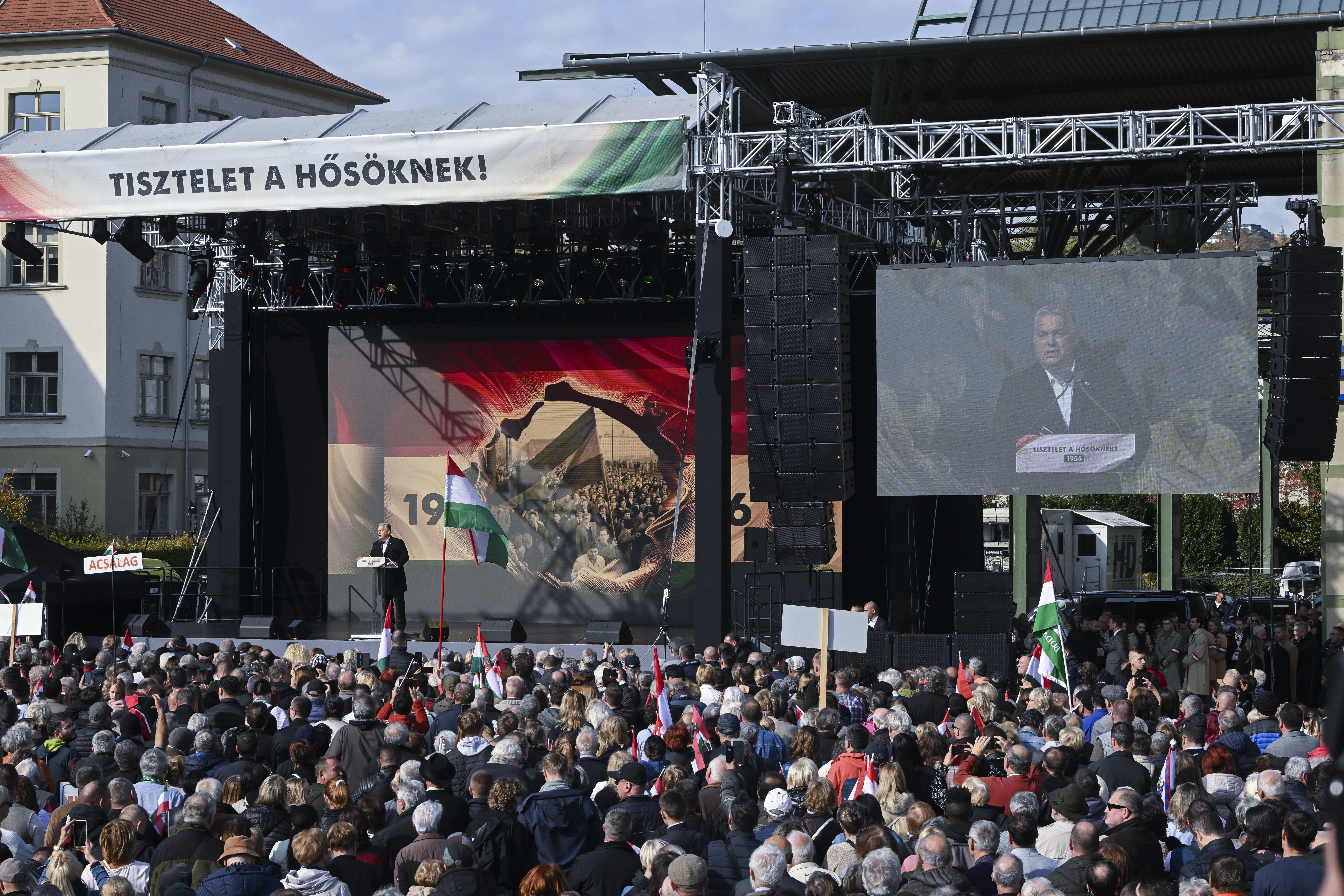 Hungarian Prime Minister Viktor Orban speaks during the meating to mark the 68th anniversary of the 1956 Hungarian revolution, at the Millenaris Park, in Budapest, Hungary, Wednesday, Oct. 23, 2024. (Szilard Koszticsak/MTI via AP)