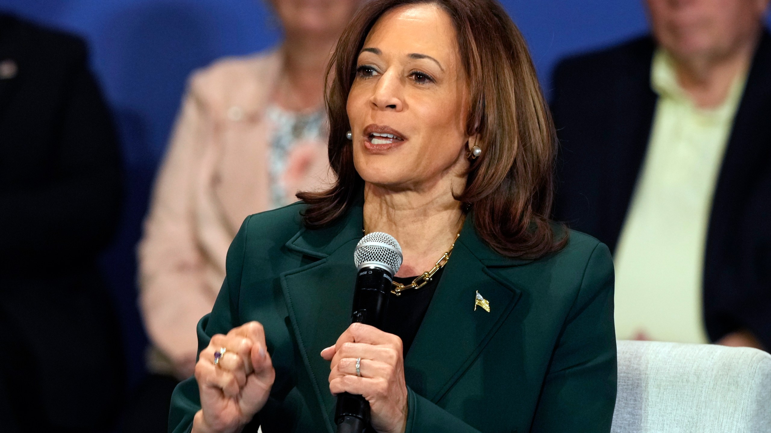 Democratic presidential nominee Vice President Kamala Harris speaks as she attends a campaign event with former Rep. Liz Cheney, R-Wyo., Monday, Oct. 21, 2024, in Brookfield, Wis. (AP Photo/Morry Gash)