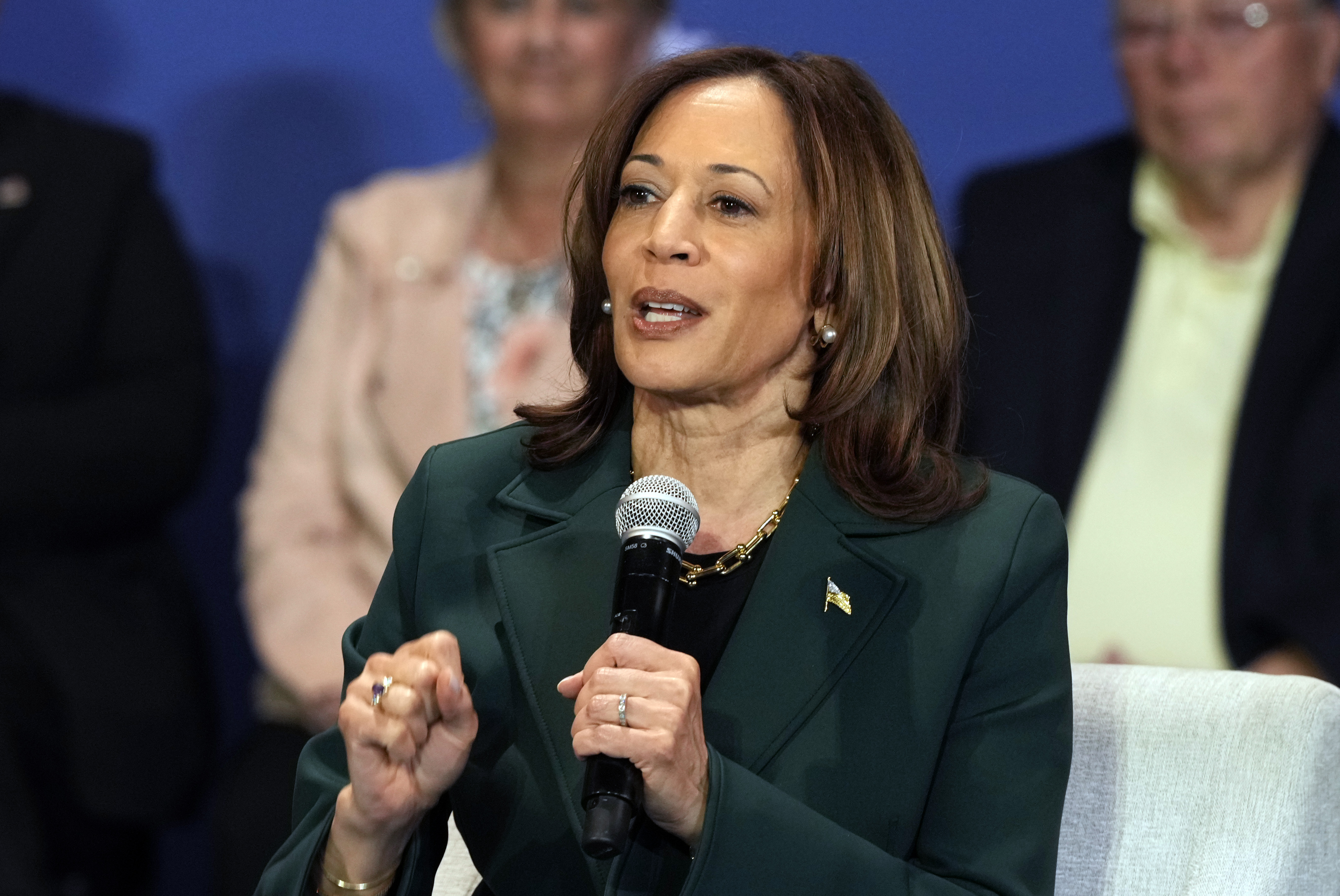 Democratic presidential nominee Vice President Kamala Harris speaks as she attends a campaign event with former Rep. Liz Cheney, R-Wyo., Monday, Oct. 21, 2024, in Brookfield, Wis. (AP Photo/Morry Gash)