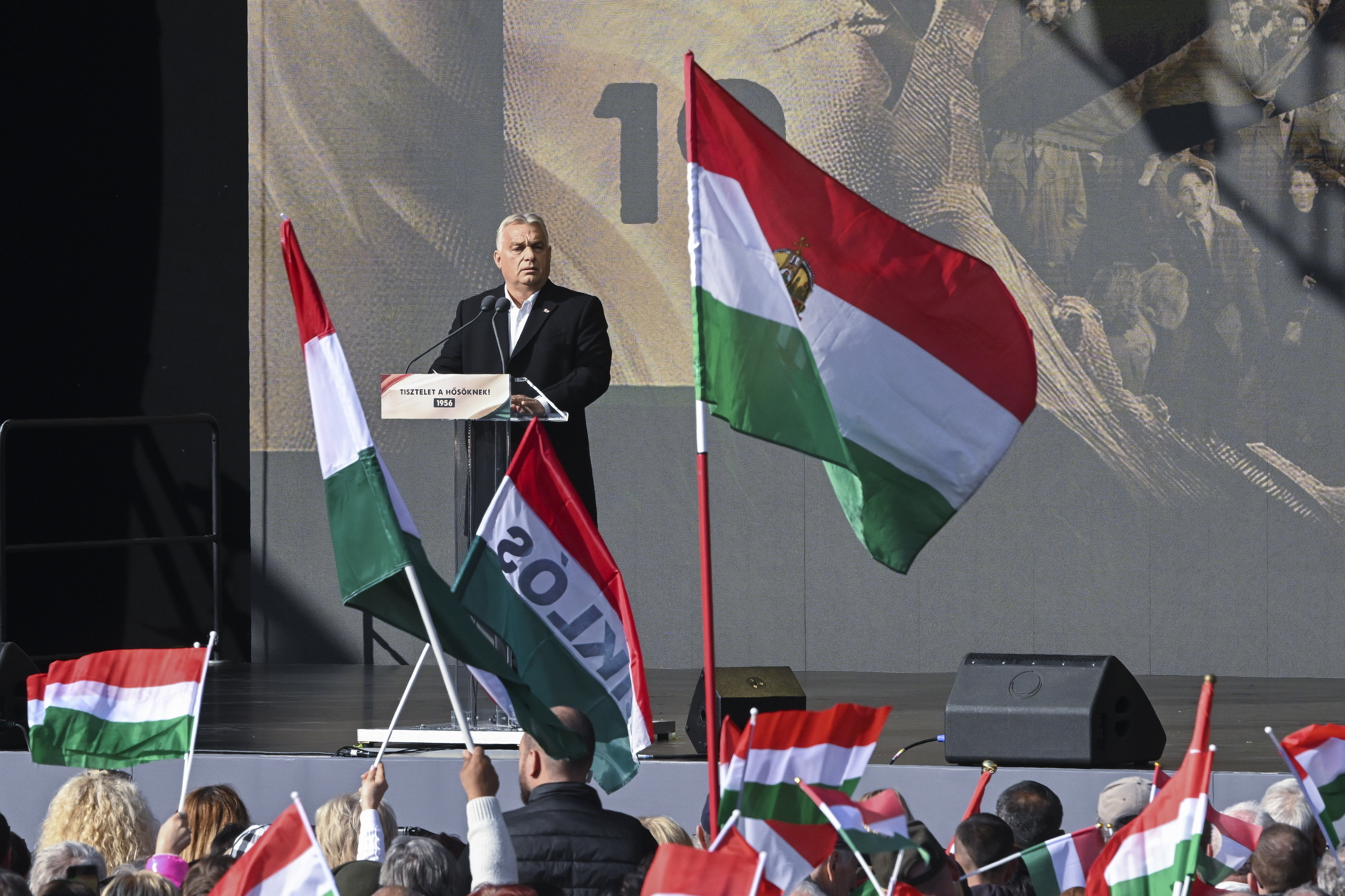 Hungarian Prime Minister Viktor Orban speaks during the meating to mark the 68th anniversary of the 1956 Hungarian revolution, at the Millenaris Park, in Budapest, Hungary, Wednesday, Oct. 23, 2024. (Szilard Koszticsak/MTI via AP)