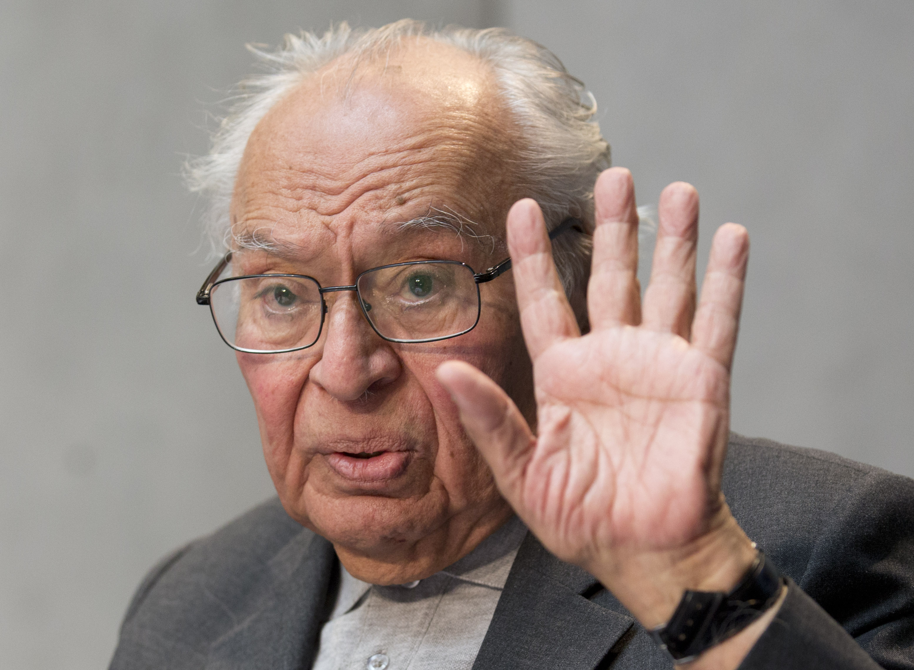 FILE - Peruvian theologian Gustavo Gutierrez speaks during a press conference at the Vatican, Tuesday, May 12, 2015. (AP Photo/Alessandra Tarantino, File)