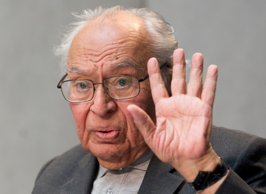 FILE - Peruvian theologian Gustavo Gutierrez speaks during a press conference at the Vatican, Tuesday, May 12, 2015. (AP Photo/Alessandra Tarantino, File)