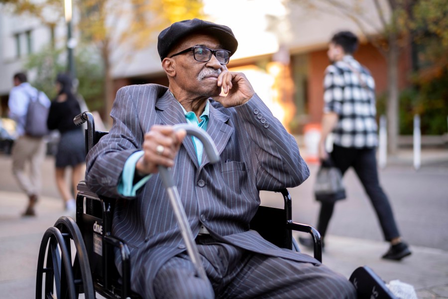 Herbert Rice, 79, poses for a photo at the University of Pennsylvania, on Wednesday, Oct. 23, 2024, in Philadelphia. Rice is one of many Black men who took part in prison medical testing from 1951 to 1974 at Philadelphia city prisons. (AP Photo/Laurence Kesterson)