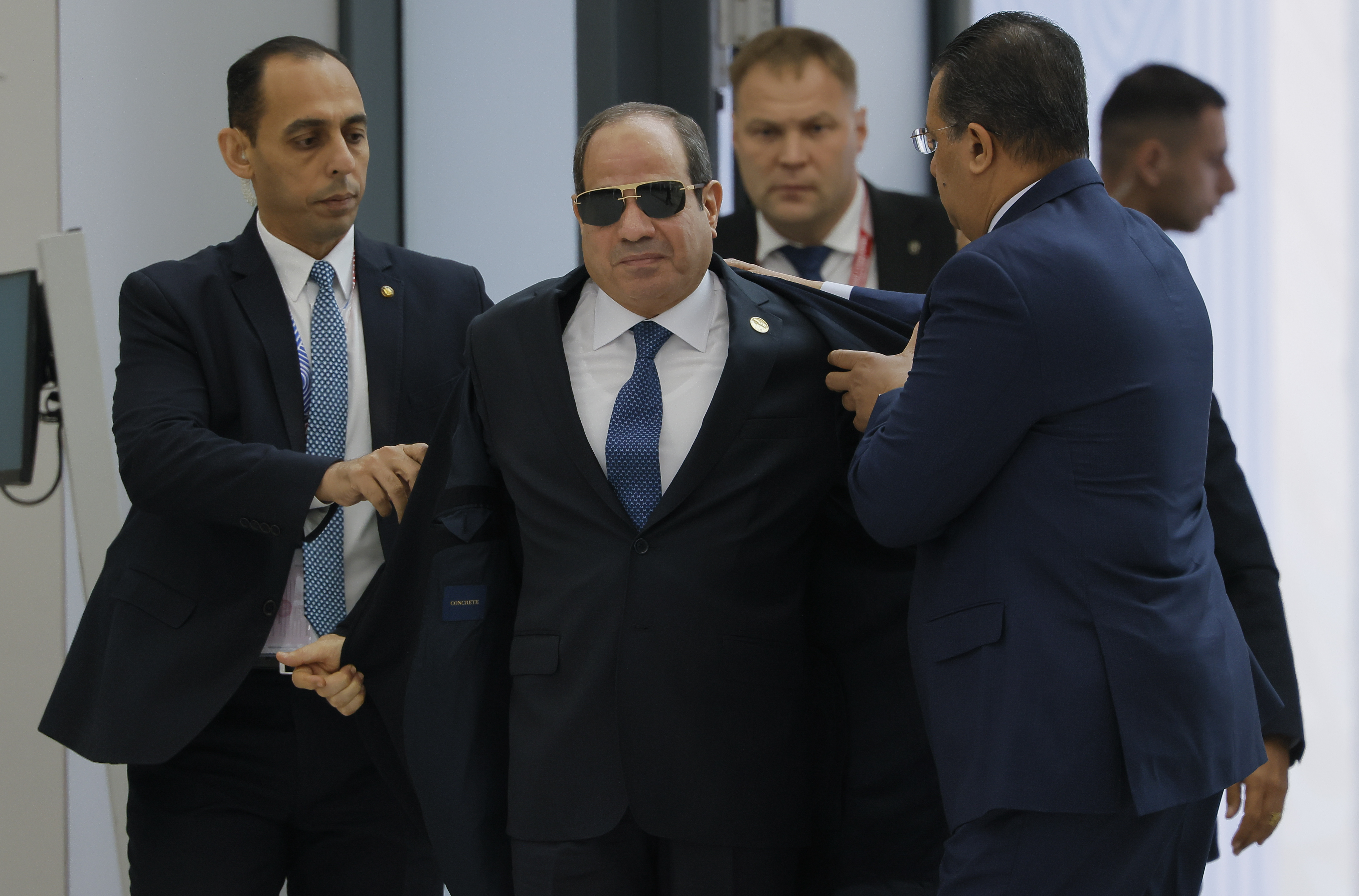 Egyptian President Abdel Fattah el-Sisi, center, arrives at BRICS Summit in Kazan, Russia, Wednesday, Oct. 23, 2024. (Maxim Shemetov, Pool Photo via AP)