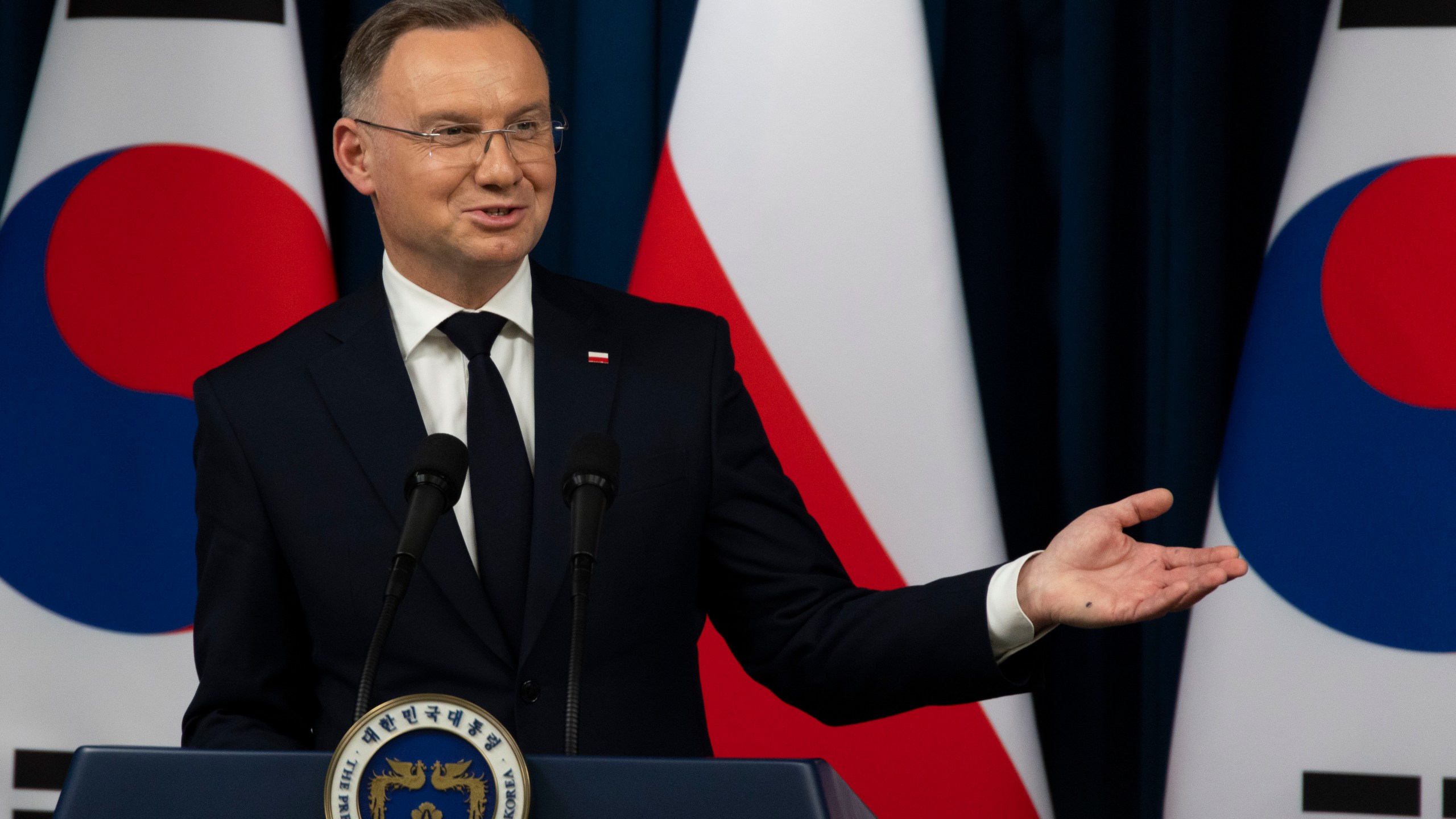 Poland's President Andrzej Duda, speaks during a joint press conference with South Korean President Yoon Suk Yeol, unseen, at the Presidential Office in Seoul, South Korea, Thursday, Oct. 24, 2024. (Jeon Heon-Kyun/Pool Photo via AP)