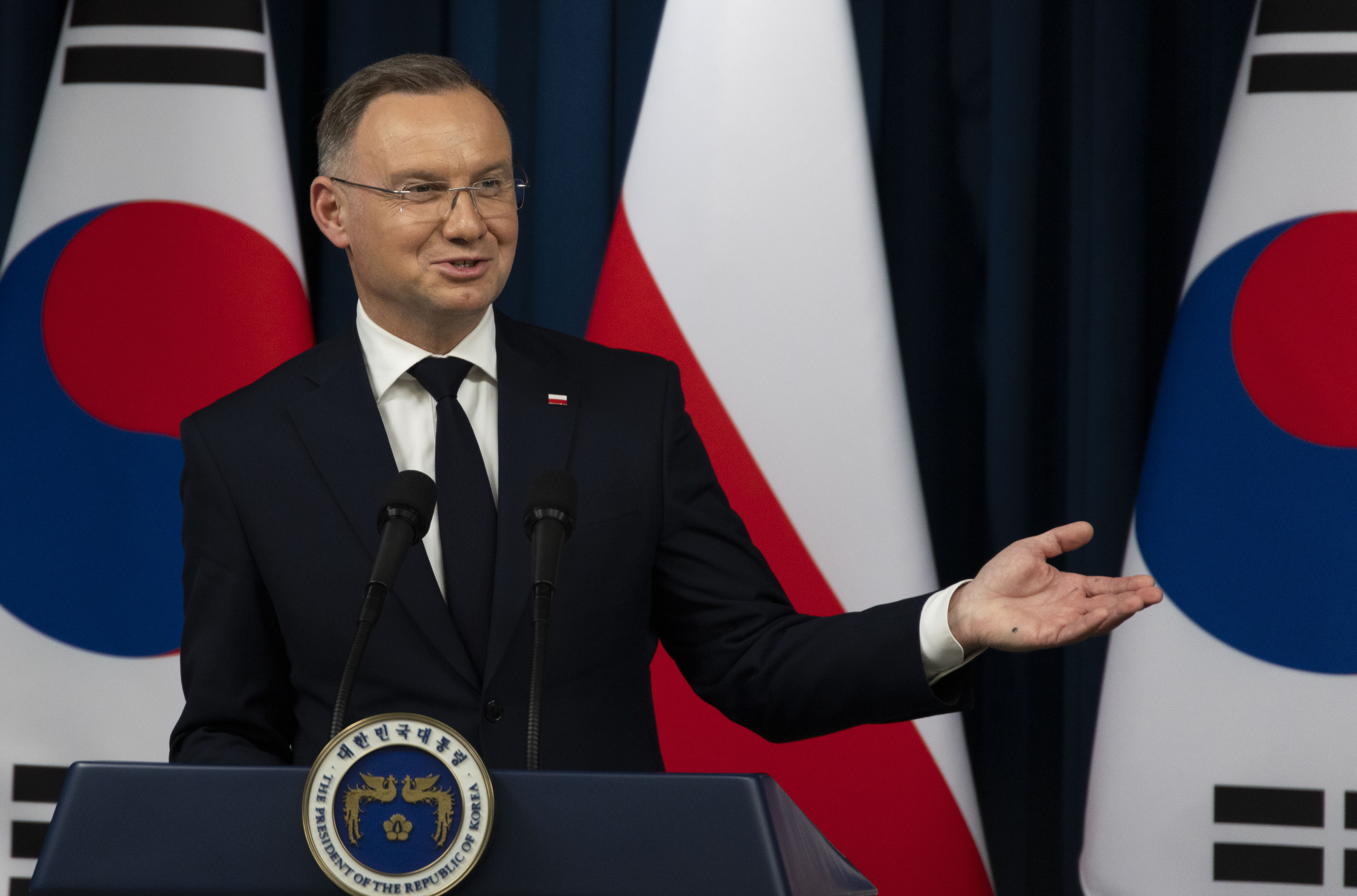 Poland's President Andrzej Duda, speaks during a joint press conference with South Korean President Yoon Suk Yeol, unseen, at the Presidential Office in Seoul, South Korea, Thursday, Oct. 24, 2024. (Jeon Heon-Kyun/Pool Photo via AP)