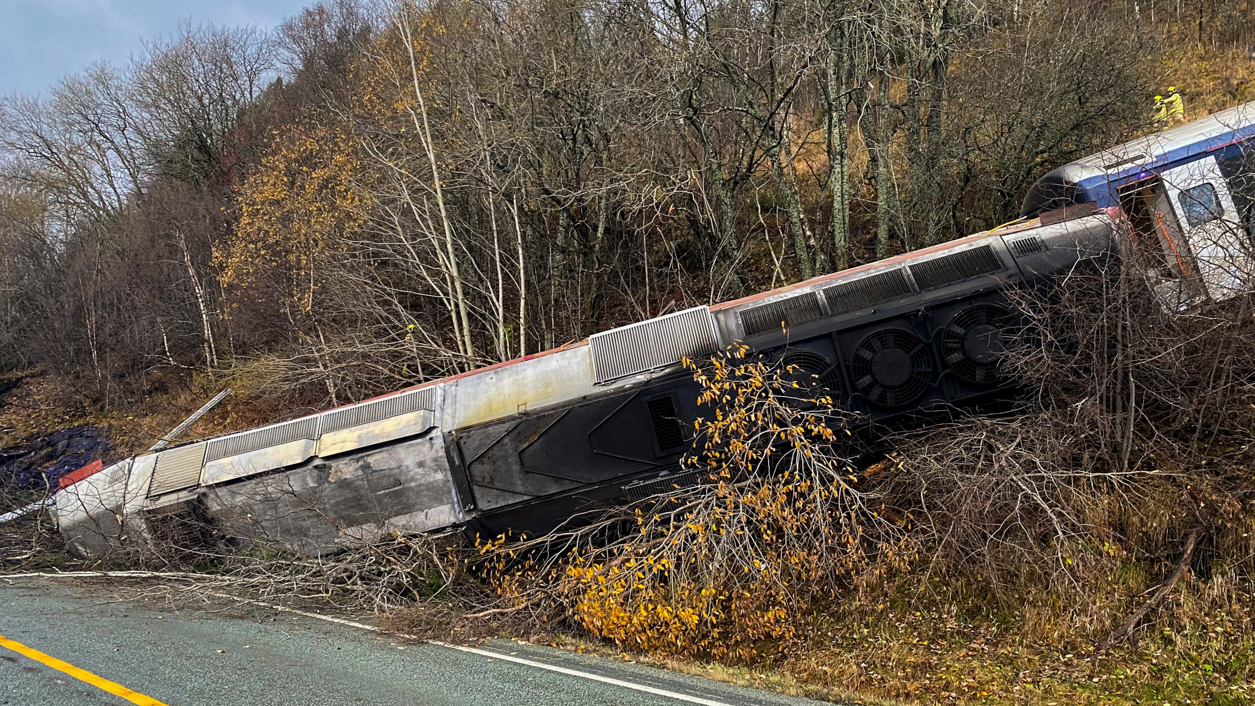 Several people were injured in the train derailment at Finneidfjord in Nordland, Norway, on Wednesday afternoon, the police said, Thursday, Oct. 24, 2024. The derailment is probably caused by a rock slide. (Jan Kenneth Transeth/NTB Scanpix via AP)