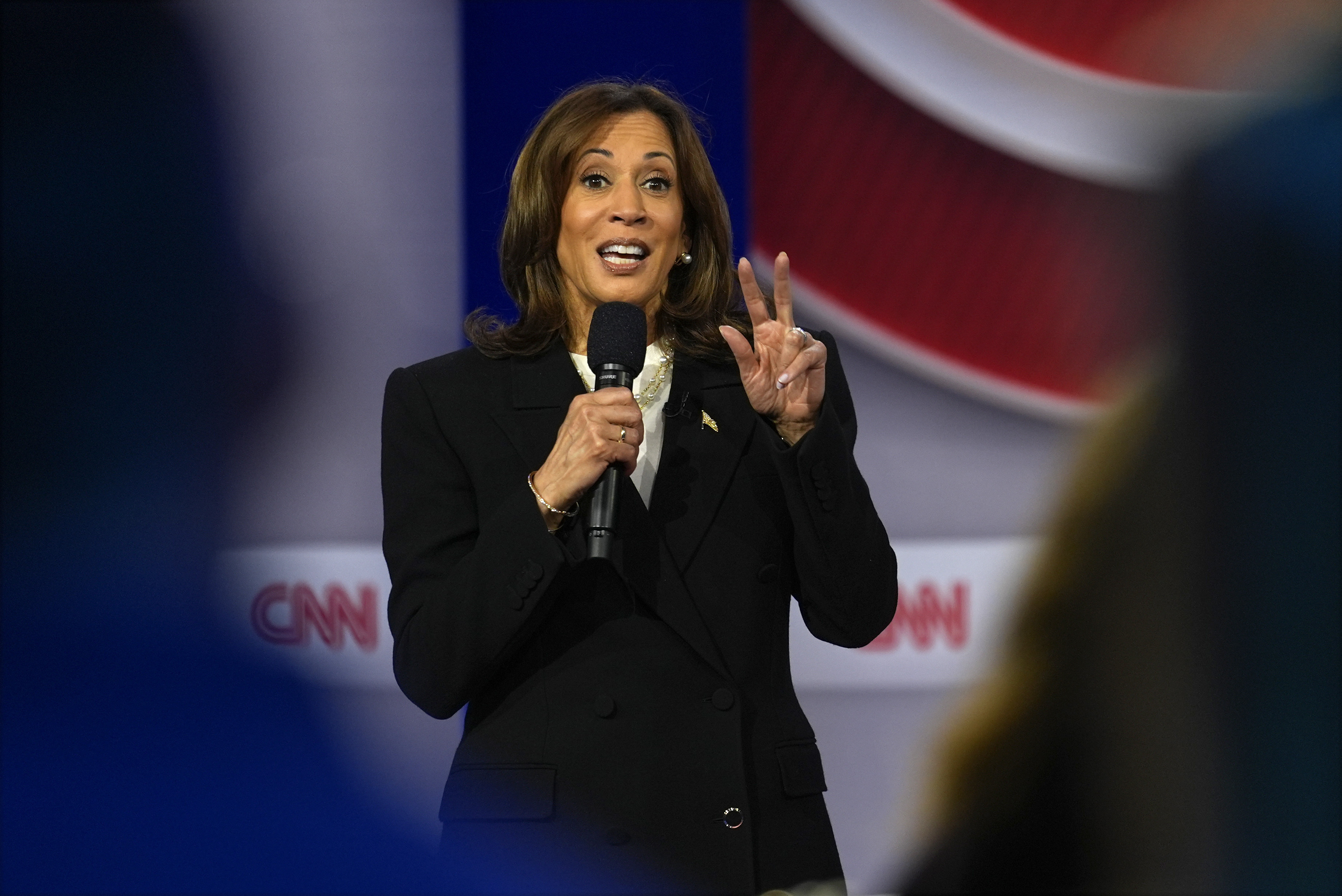 Democratic presidential nominee Vice President Kamala Harris speaks during a CNN town hall in Aston, Pa., Wednesday, Oct. 23, 2024. (AP Photo/Matt Rourke)