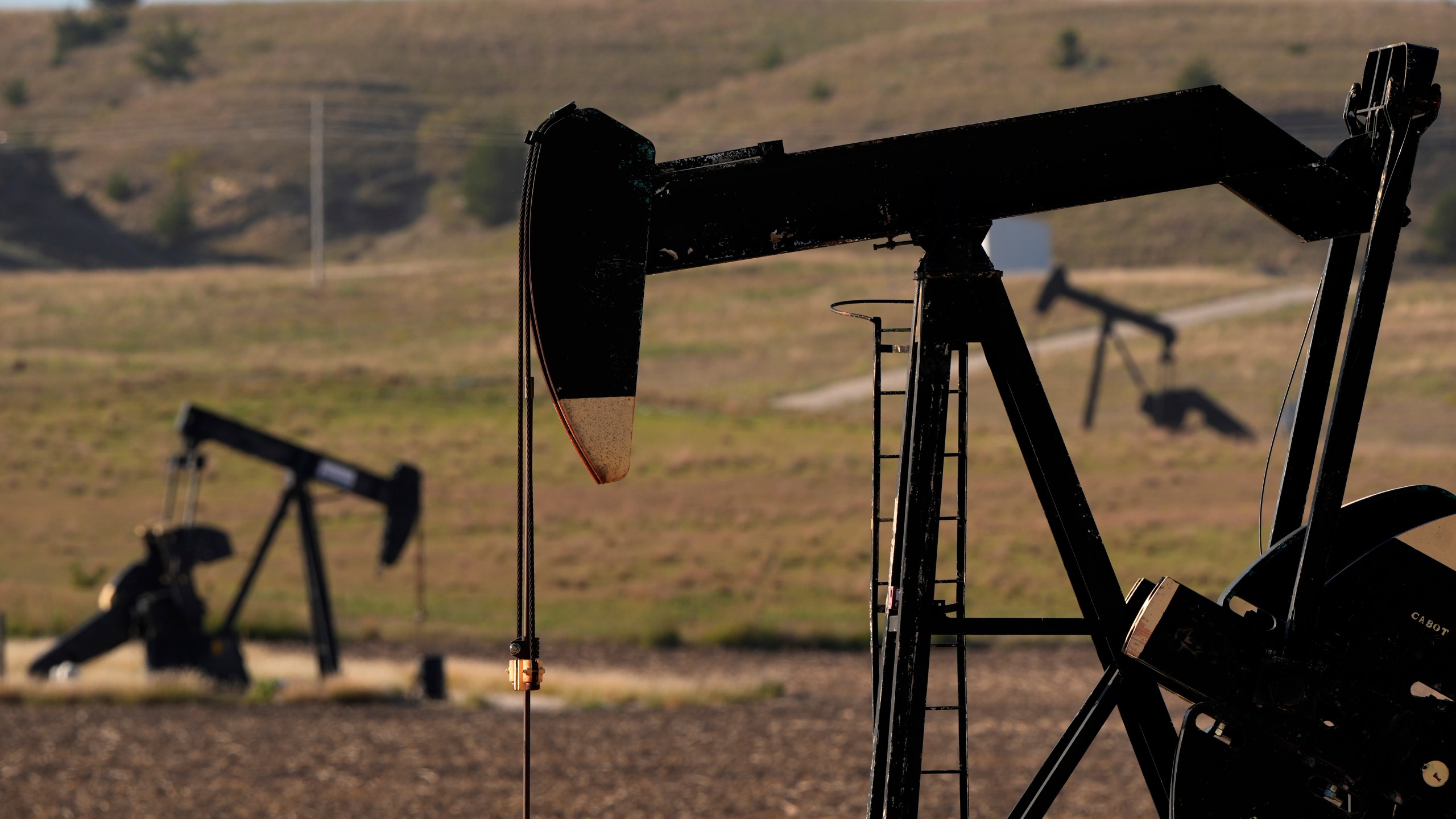 Pumpjacks operate in a pasture, Monday, Sept. 30, 2024, near Hays, Kan. (AP Photo/Charlie Riedel)