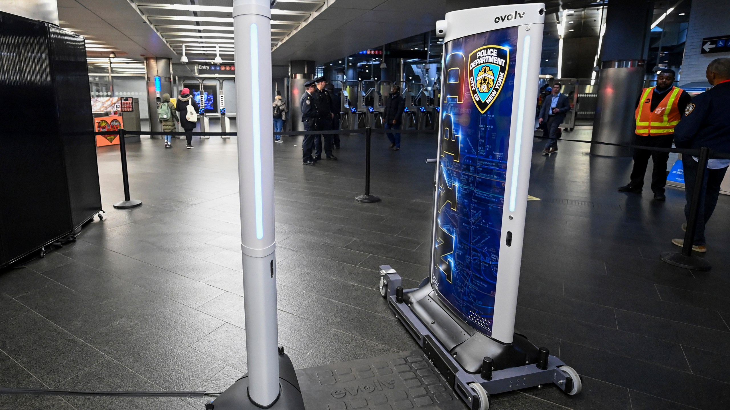 FILE - In this image provided by The Metropolitan Transportation Authority (MTA), new weapon detectors that can be deployed at subway entrances are displayed during a news conference in New York, March 28, 2024. (Marc A. Hermann/Metropolitan Transportation Authority via AP, File)