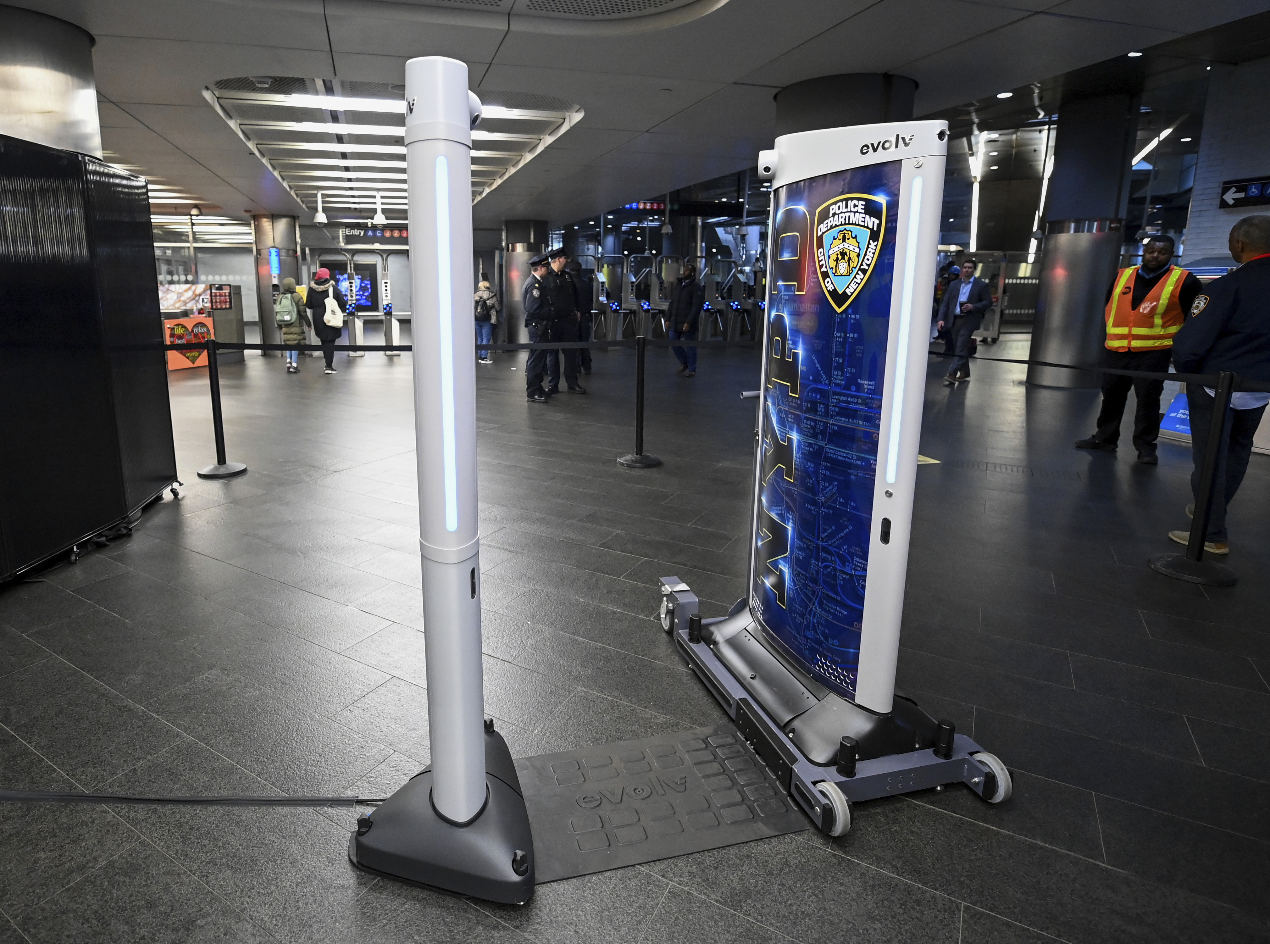 FILE - In this image provided by The Metropolitan Transportation Authority (MTA), new weapon detectors that can be deployed at subway entrances are displayed during a news conference in New York, March 28, 2024. (Marc A. Hermann/Metropolitan Transportation Authority via AP, File)