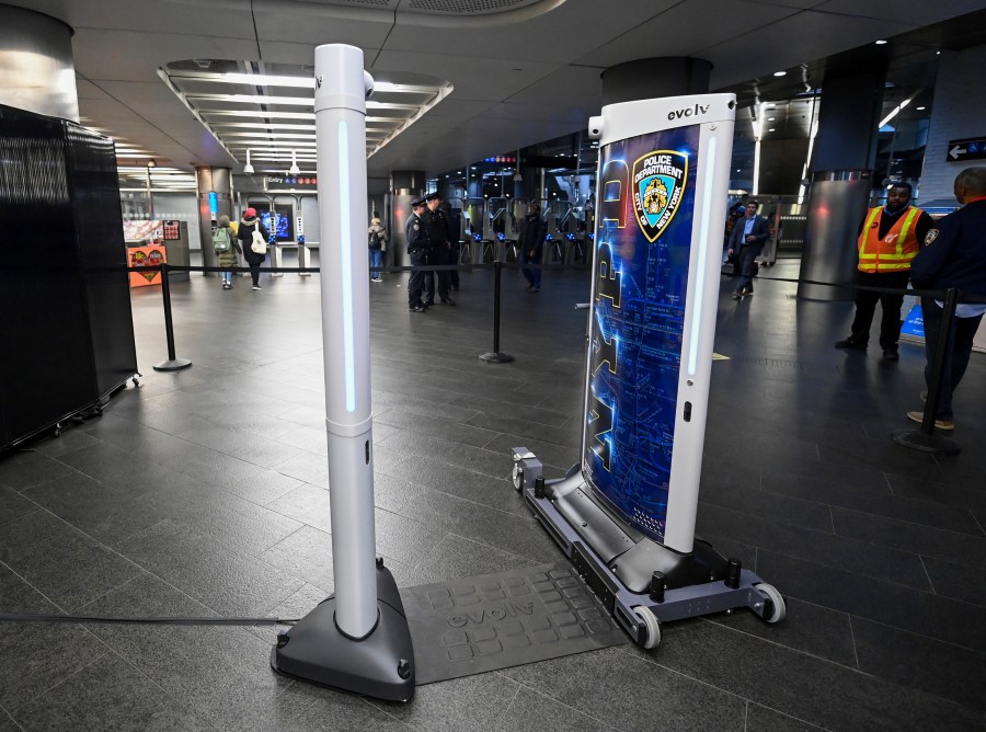 FILE - In this image provided by The Metropolitan Transportation Authority (MTA), new weapon detectors that can be deployed at subway entrances are displayed during a news conference in New York, March 28, 2024. (Marc A. Hermann/Metropolitan Transportation Authority via AP, File)