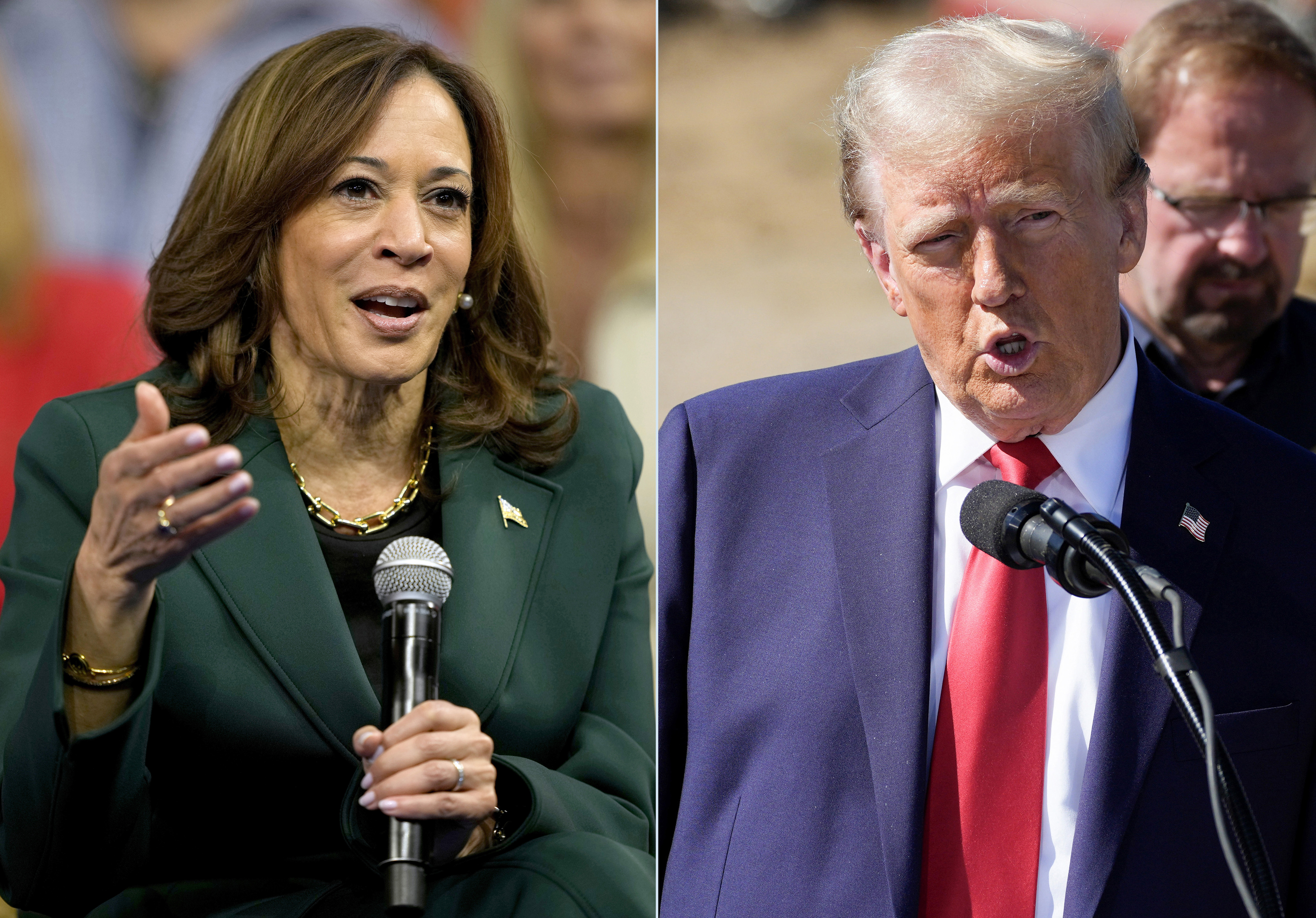 This combination of photos taken Monday, Oct. 21, 2024, shows Democratic presidential nominee Vice President Kamala Harris speaking during a town hall in Malvern, Pa., left, and Republican presidential nominee former President Donald Trump delivering remarks on Hurricane Helene in Swannanoa, N.C.. (AP Photo)