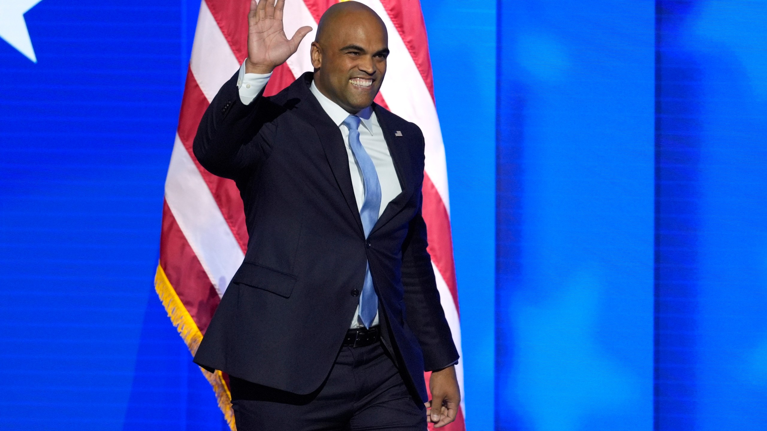 FILE - Rep. Colin Allred, D-Texas, walks on stage to speak during the Democratic National Convention, Aug. 22, 2024, in Chicago. (AP Photo/J. Scott Applewhite, File)