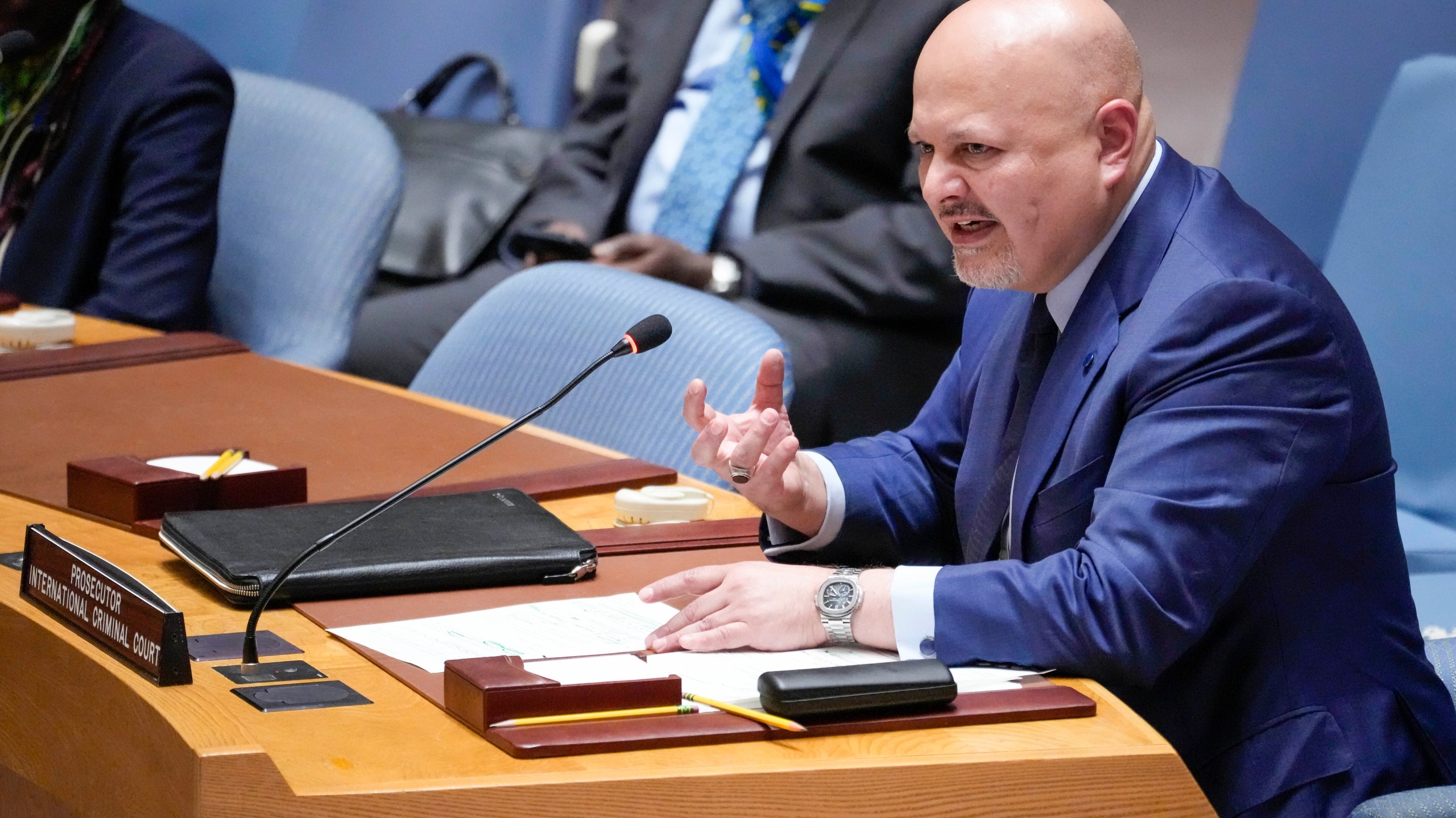 FILE - Karim Khan, prosecutor of International Criminal Court, addresses a Security Council meeting on the situation in Sudan, Thursday, July 13, 2023 at United Nations headquarters. (AP Photo/Mary Altaffer, File)