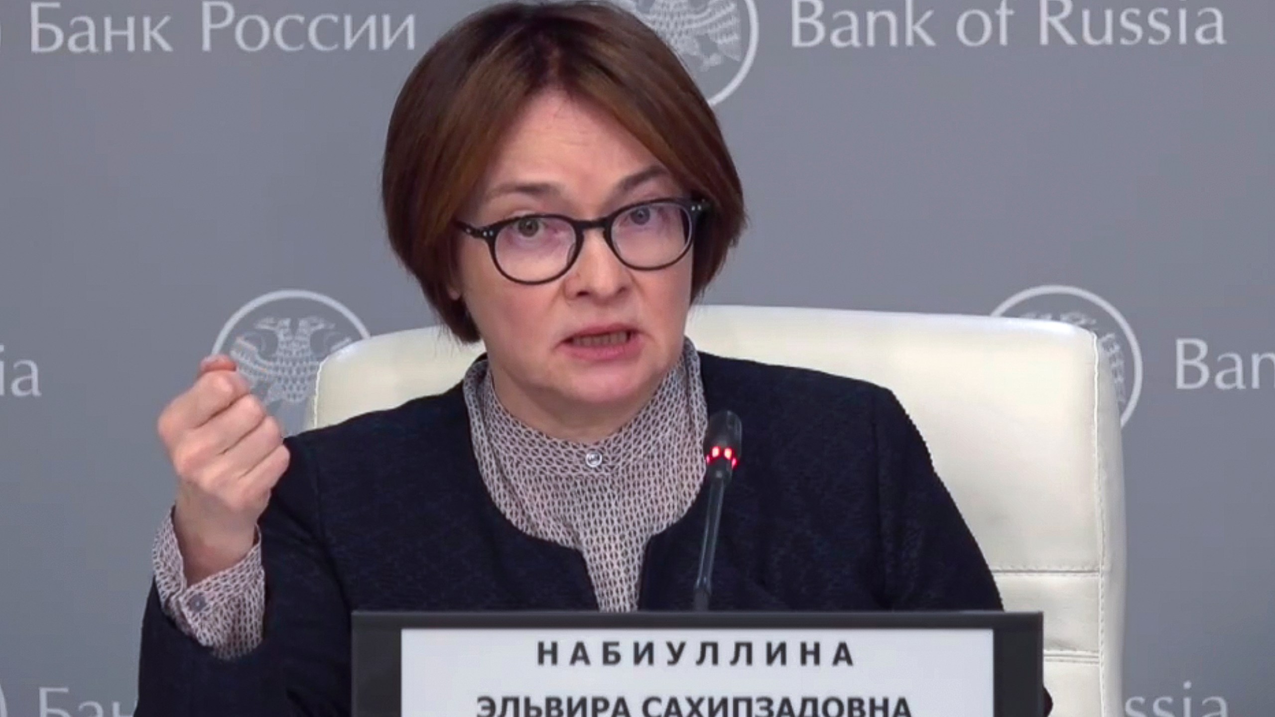 In this photo taken from video released by Russian Central Bank Press Office, Russian Central Bank Chief Elvira Nabiullina holds a regular news briefing after a board meeting where the financial regulator raised the key interest rate up to 21%, in Moscow, Russia, on Friday, Oct. 25, 2024. (Russian Central Bank Press Office via AP)