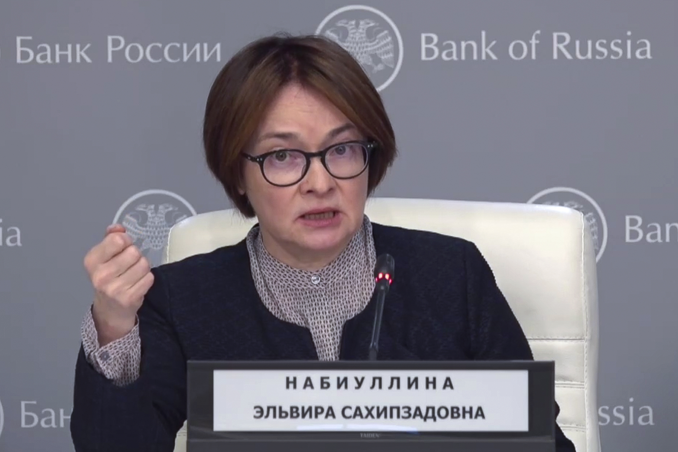 In this photo taken from video released by Russian Central Bank Press Office, Russian Central Bank Chief Elvira Nabiullina holds a regular news briefing after a board meeting where the financial regulator raised the key interest rate up to 21%, in Moscow, Russia, on Friday, Oct. 25, 2024. (Russian Central Bank Press Office via AP)