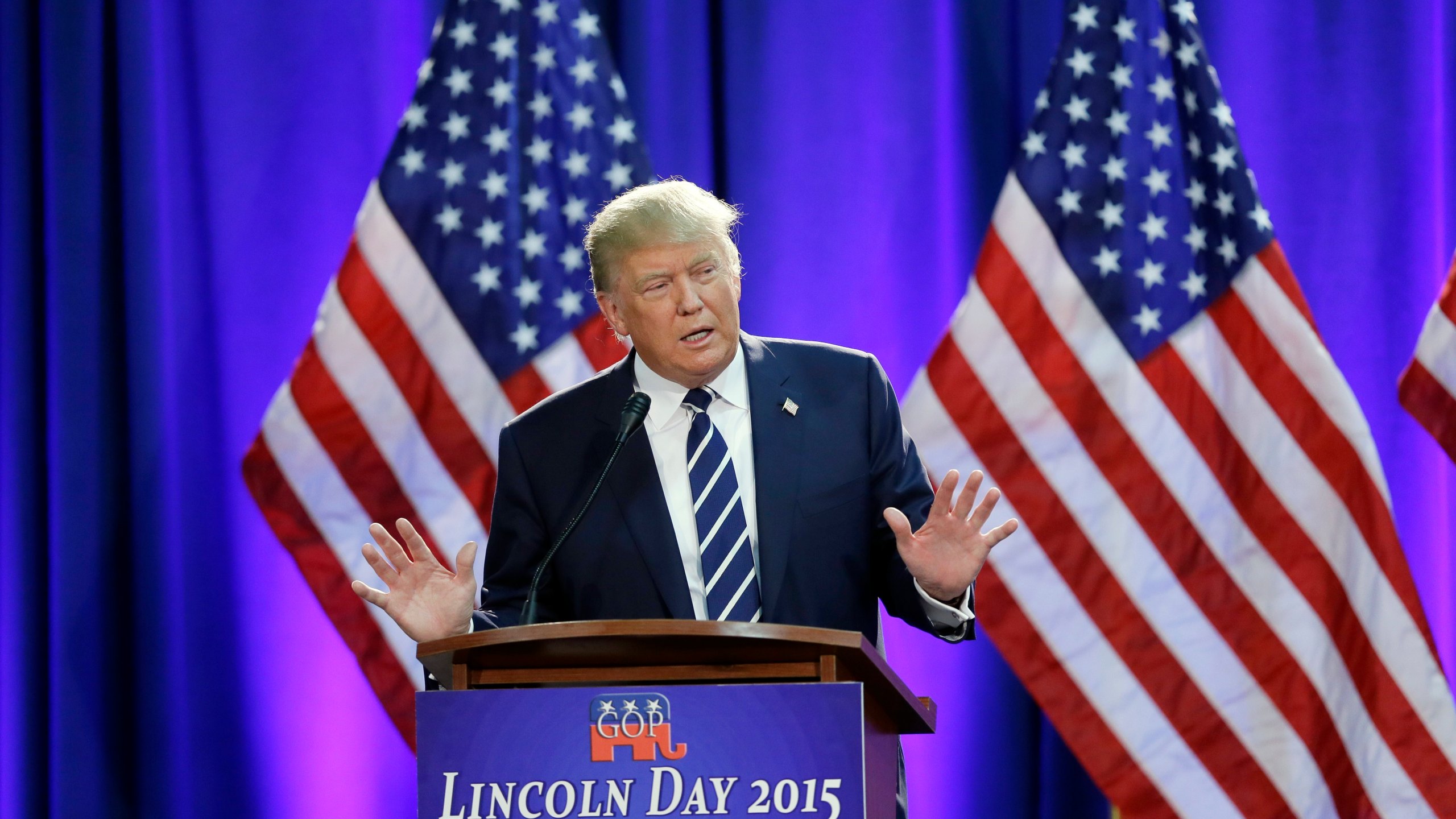 FILE - Republican presidential candidate Donald Trump addresses a GOP fundraising event, Aug 11, 2015, in Birch Run, Mich. (AP Photo/Carlos Osorio, File)