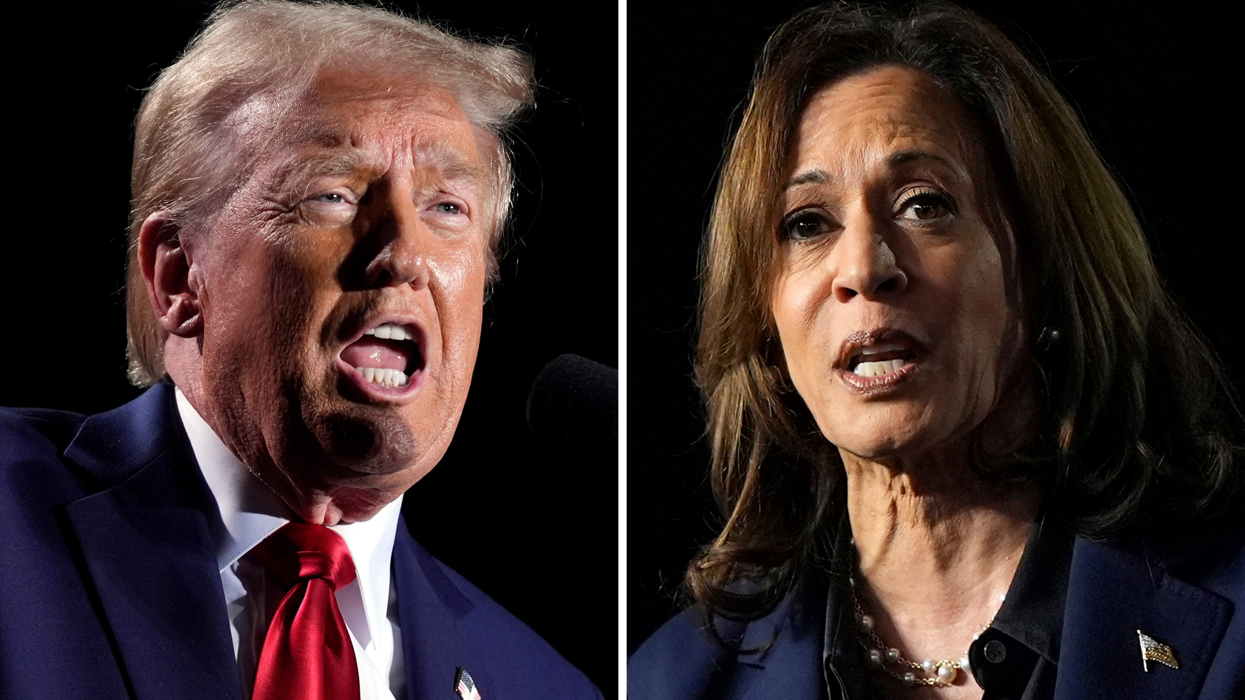 This combination of file photos shows Republican presidential nominee former President Donald Trump, left, speaking at a campaign rally, Oct. 18, 2024, in Detroit, and Democratic presidential nominee Vice President Kamala Harris, right, speaking at a campaign rally in Green Bay, Wis., Oct. 17, 2024. (AP Photo)