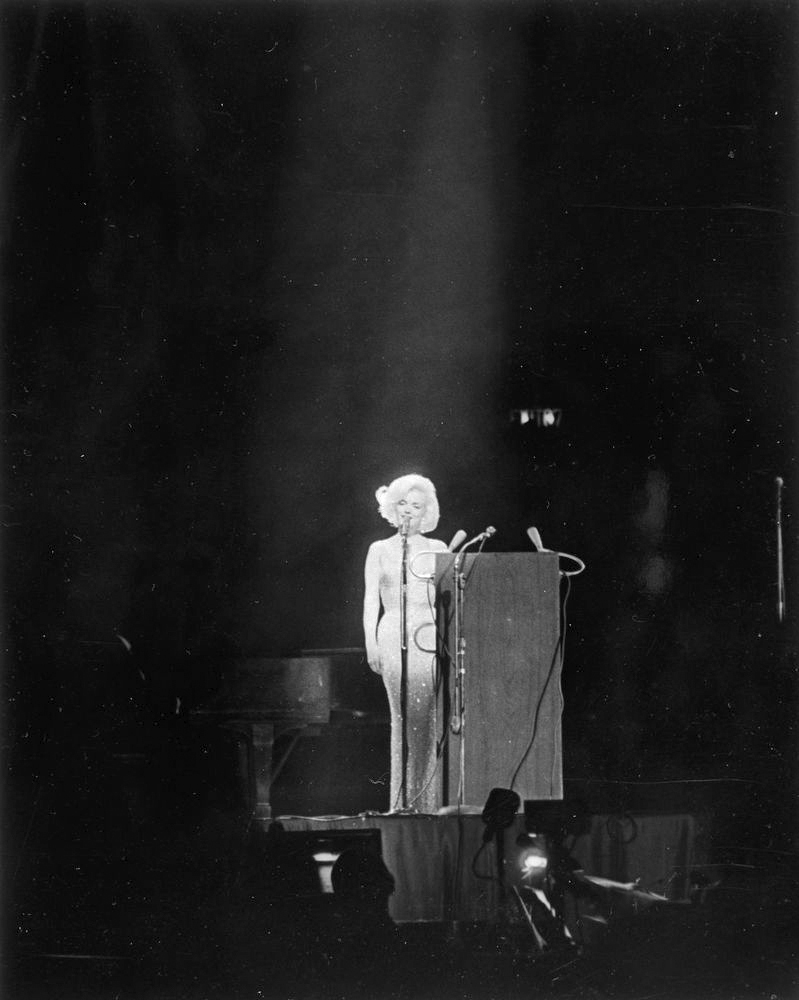 FILE - In this May 19, 1962 photo provided by the John F. Kennedy Presidential Library and Museum, actress Marilyn Monroe sings "Happy Birthday" to President Kennedy at his 45th birthday celebration at Madison Square Garden in New York. (Cecil Stoughton/White House Photographs, John F. Kennedy Presidential Library and Museum via AP)