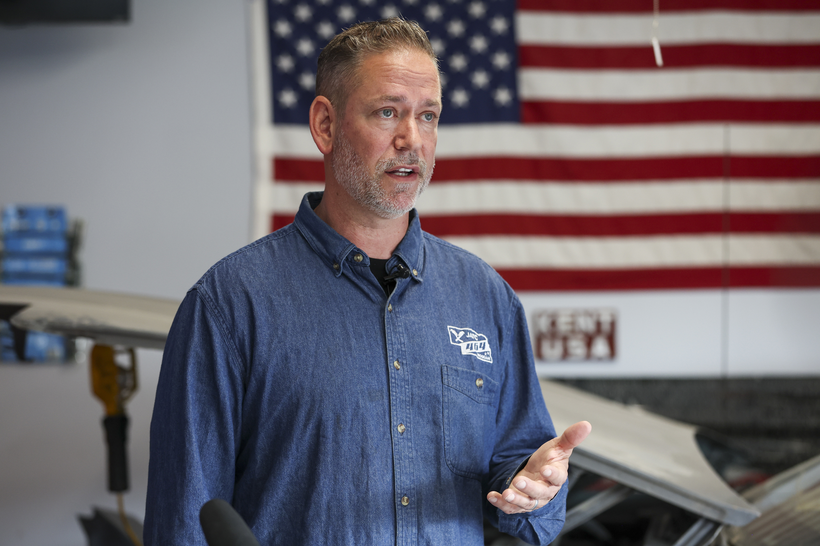 FILE - Dan Osborn, Independent candidate for U.S. Senate, speaks during a news conference, May 15, 2024, at his Omaha, Neb. home. (Nikos Frazier/Omaha World-Herald via AP, File)