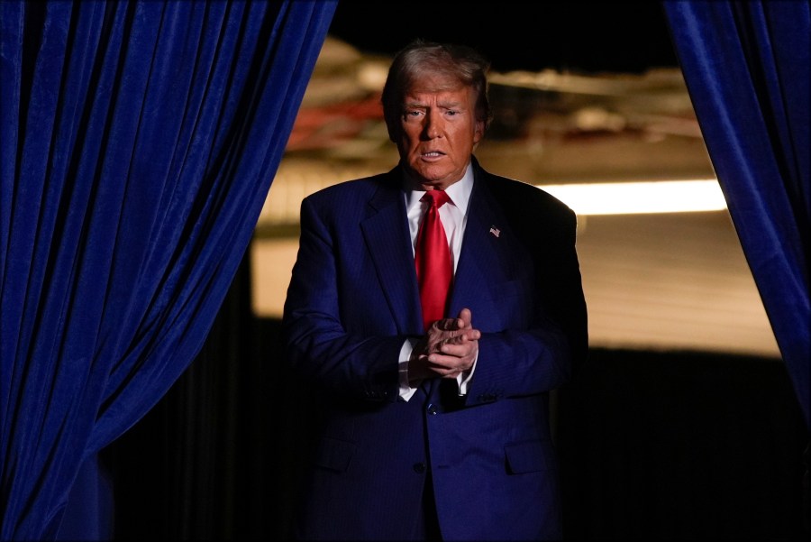 Republican presidential nominee former President Donald Trump arrives at a campaign rally at Mullett Arena, Thursday, Oct. 24, 2024, in Tempe, Ariz. (AP Photo/Alex Brandon)