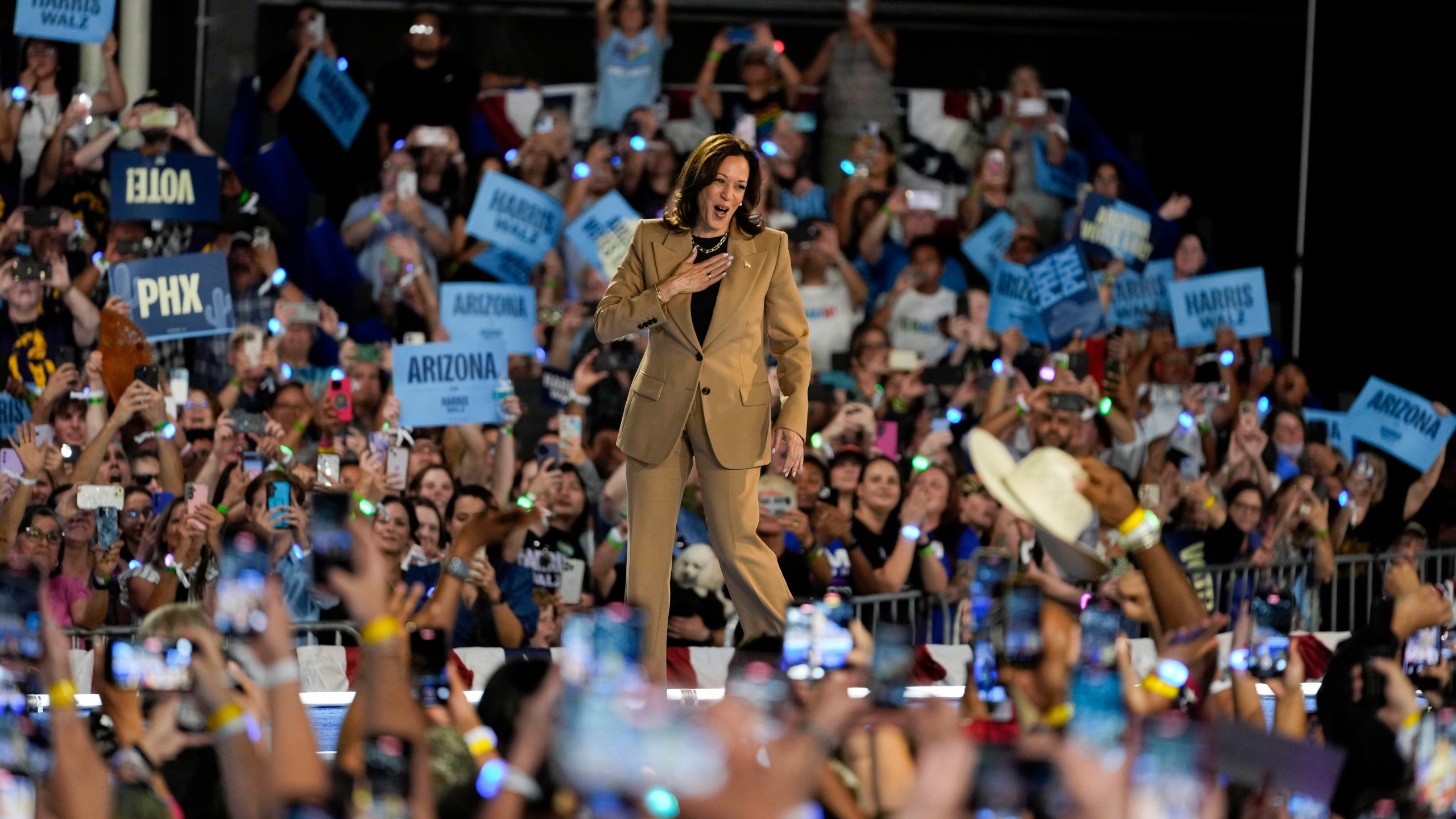 FILE - Democratic presidential nominee Vice President Kamala Harris arrives to speak Thursday, Oct. 10, 2024, on the Gila River Indian Community reservation in Chandler, Ariz. (AP Photo/Matt York, File)