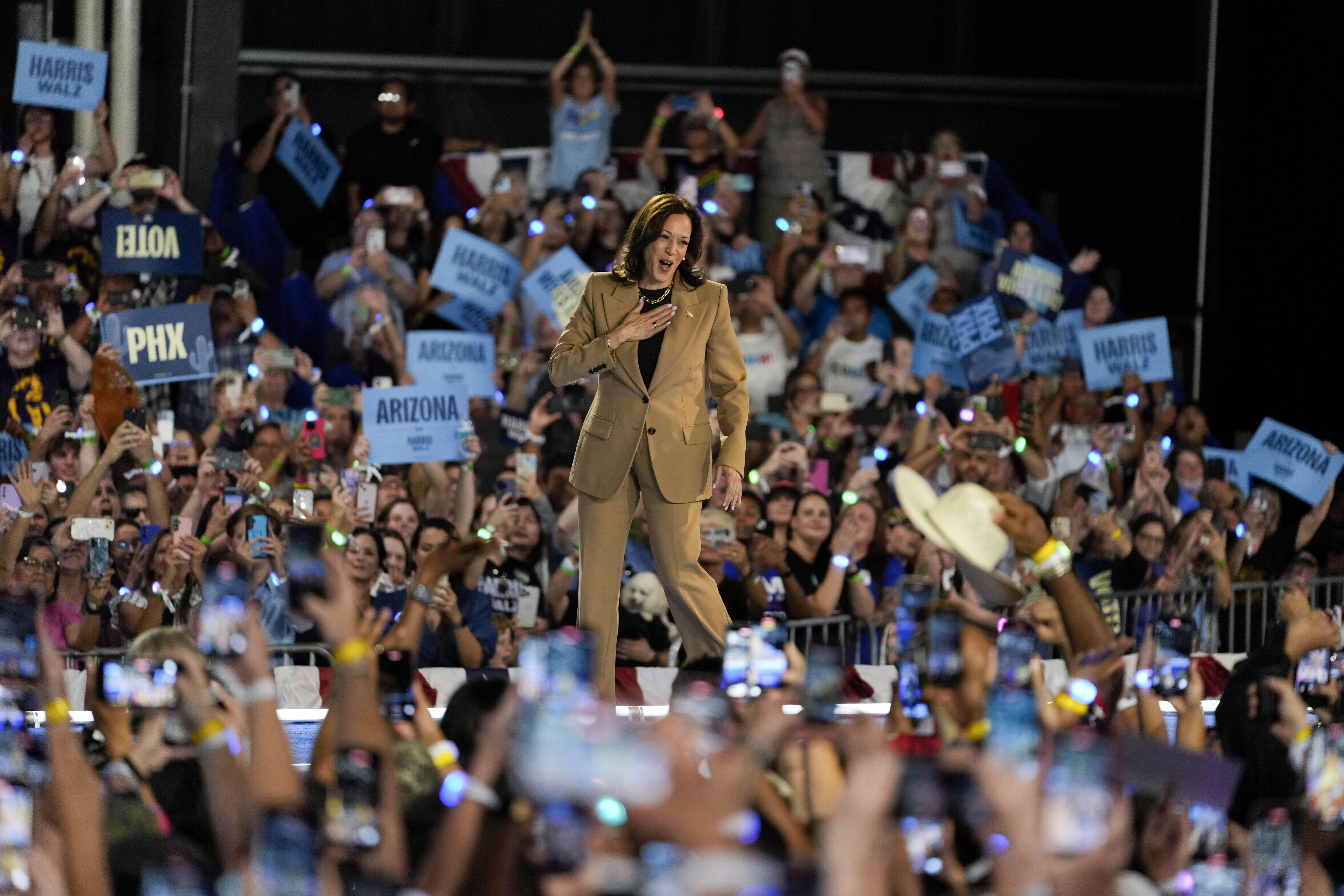 FILE - Democratic presidential nominee Vice President Kamala Harris arrives to speak Thursday, Oct. 10, 2024, on the Gila River Indian Community reservation in Chandler, Ariz. (AP Photo/Matt York, File)