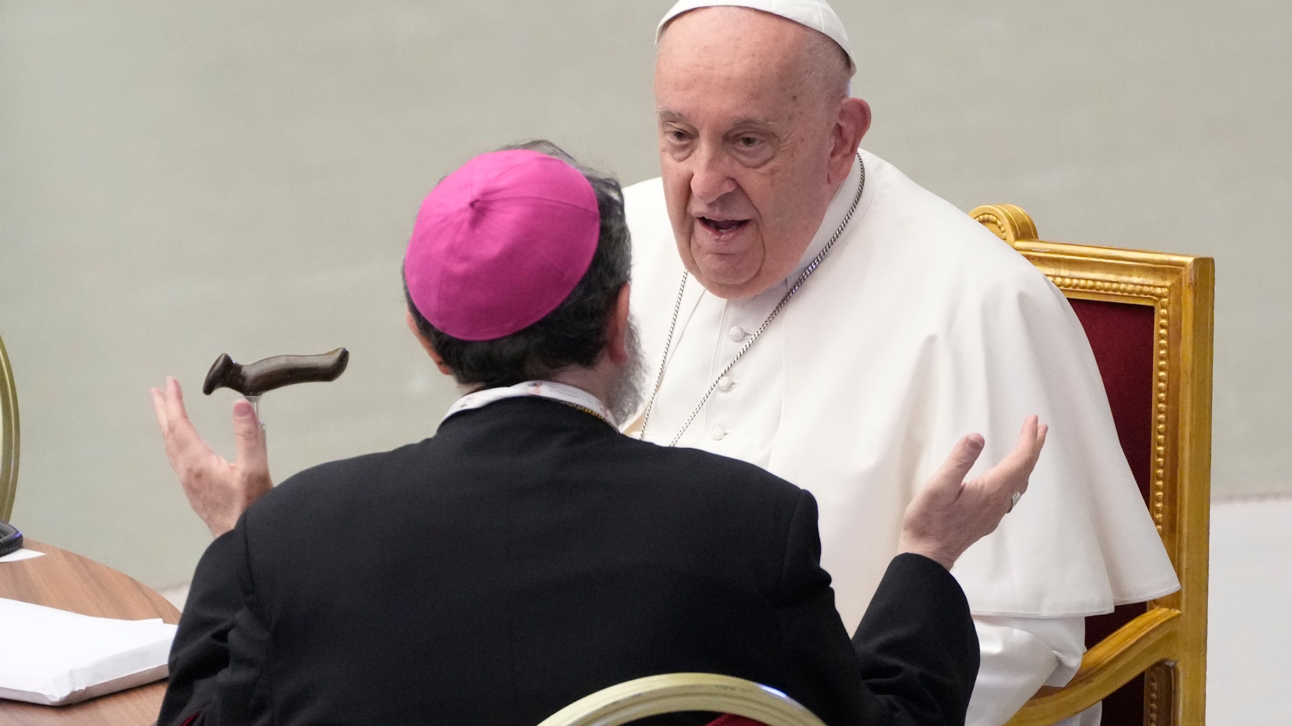 Pope Francis attends the works of the second session of the 16th General Assembly of the Synod of Bishops in the Paul VI hall, at the Vatican, Saturday, Oct. 26, 2024. (AP Photo/Gregorio Borgia)