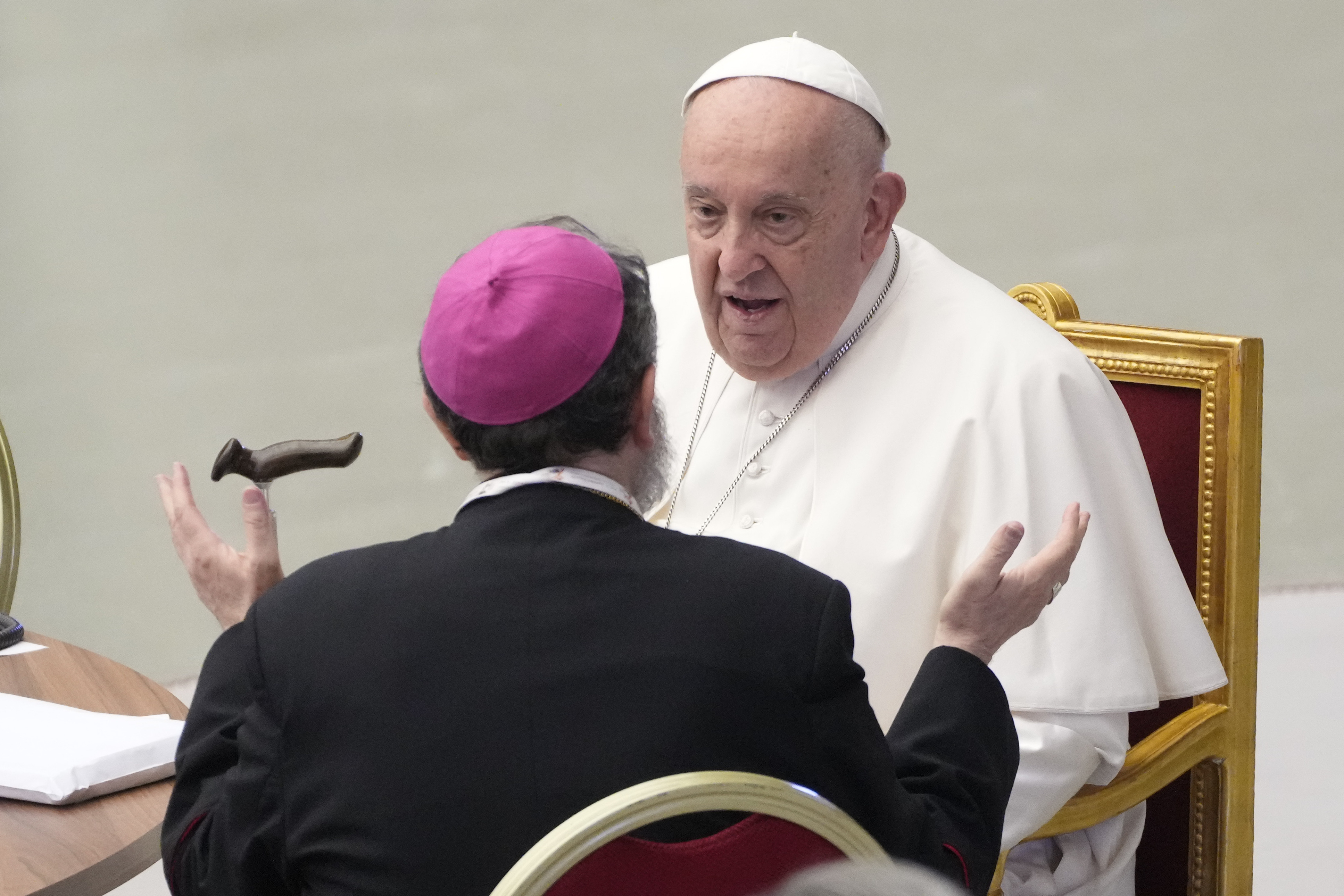 Pope Francis attends the works of the second session of the 16th General Assembly of the Synod of Bishops in the Paul VI hall, at the Vatican, Saturday, Oct. 26, 2024. (AP Photo/Gregorio Borgia)