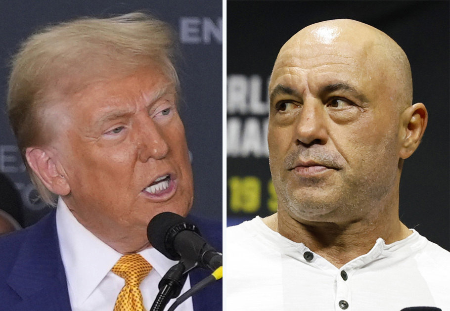 This combination photo shows Republican presidential nominee former President Donald Trump speaking during a news conference, Oct. 25, 2024, in Austin, Texas, left, and Joe Rogan at a UFC event, Aug. 18, 2023, in Boston. (AP Photo)