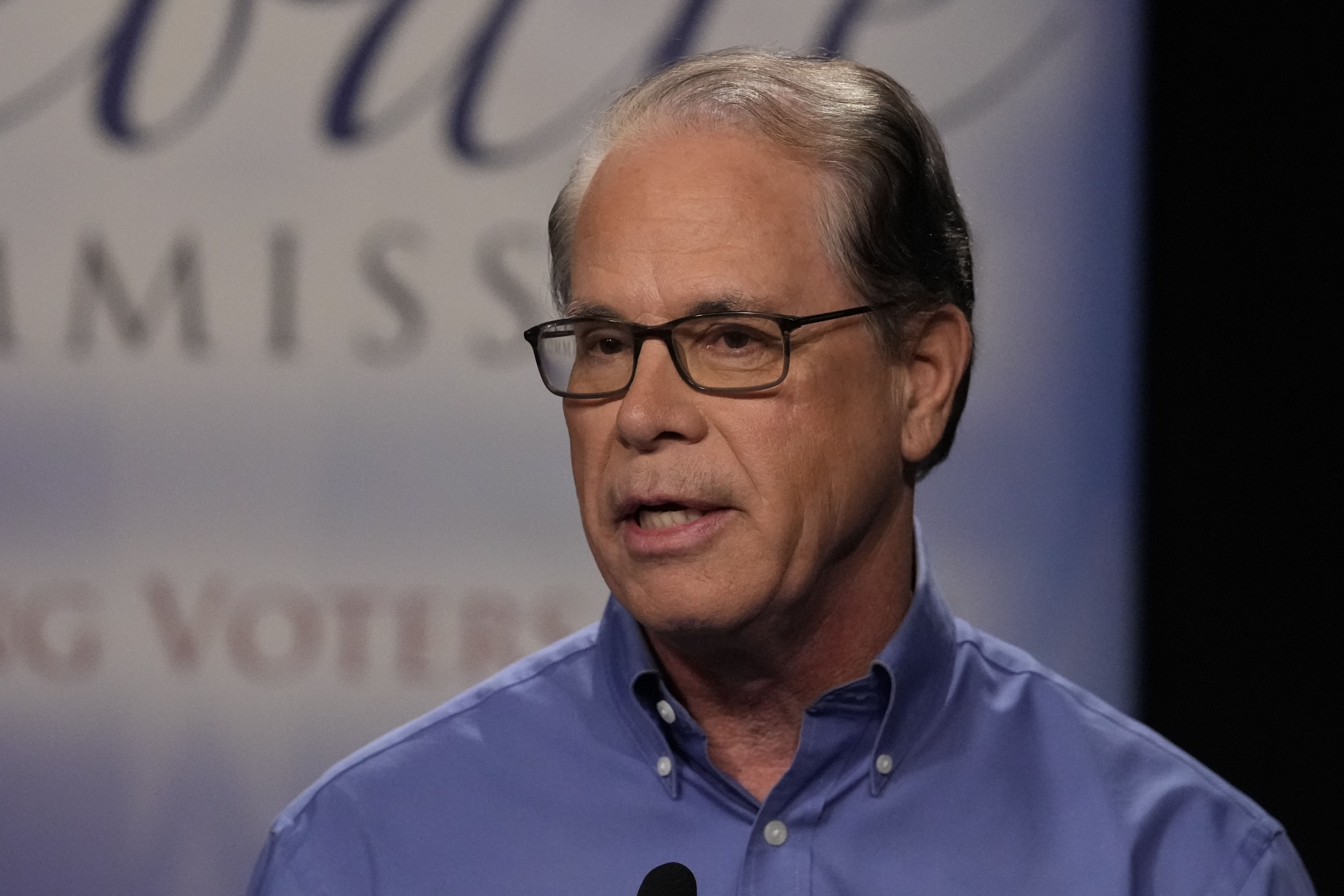 Republican candidate Sen. Mike Braun, R-Ind., speaks during a debate for Indiana governor hosted by the Indiana Debate Commission at WFYI, Thursday, Oct. 24, 2024, in Indianapolis. (AP Photo/Darron Cummings, Pool)