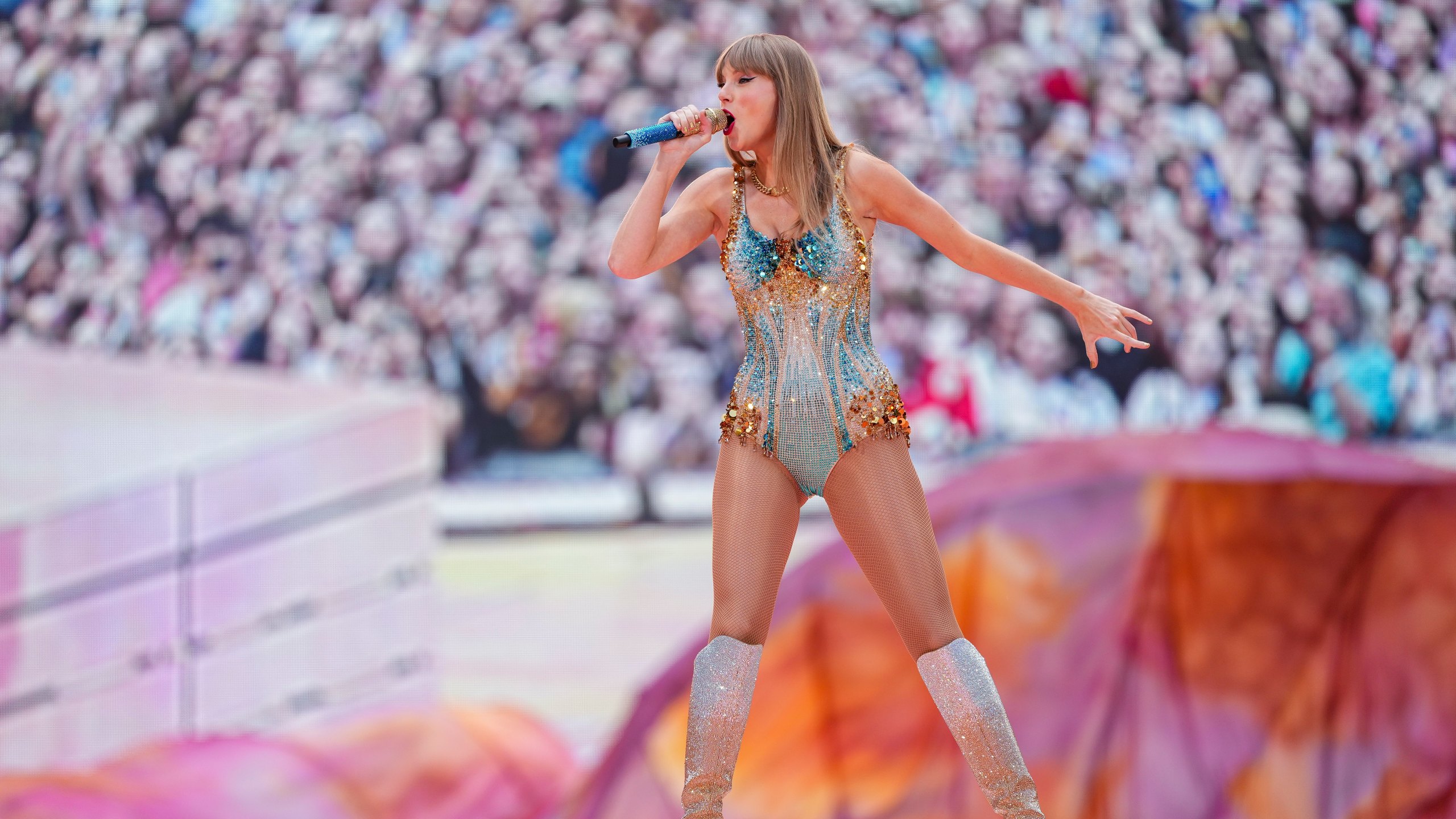 FILE - Taylor Swift performs at Wembley Stadium as part of her Eras Tour on Friday, June 21, 2024 in London. (Photo by Scott A Garfitt/Invision/AP, File)