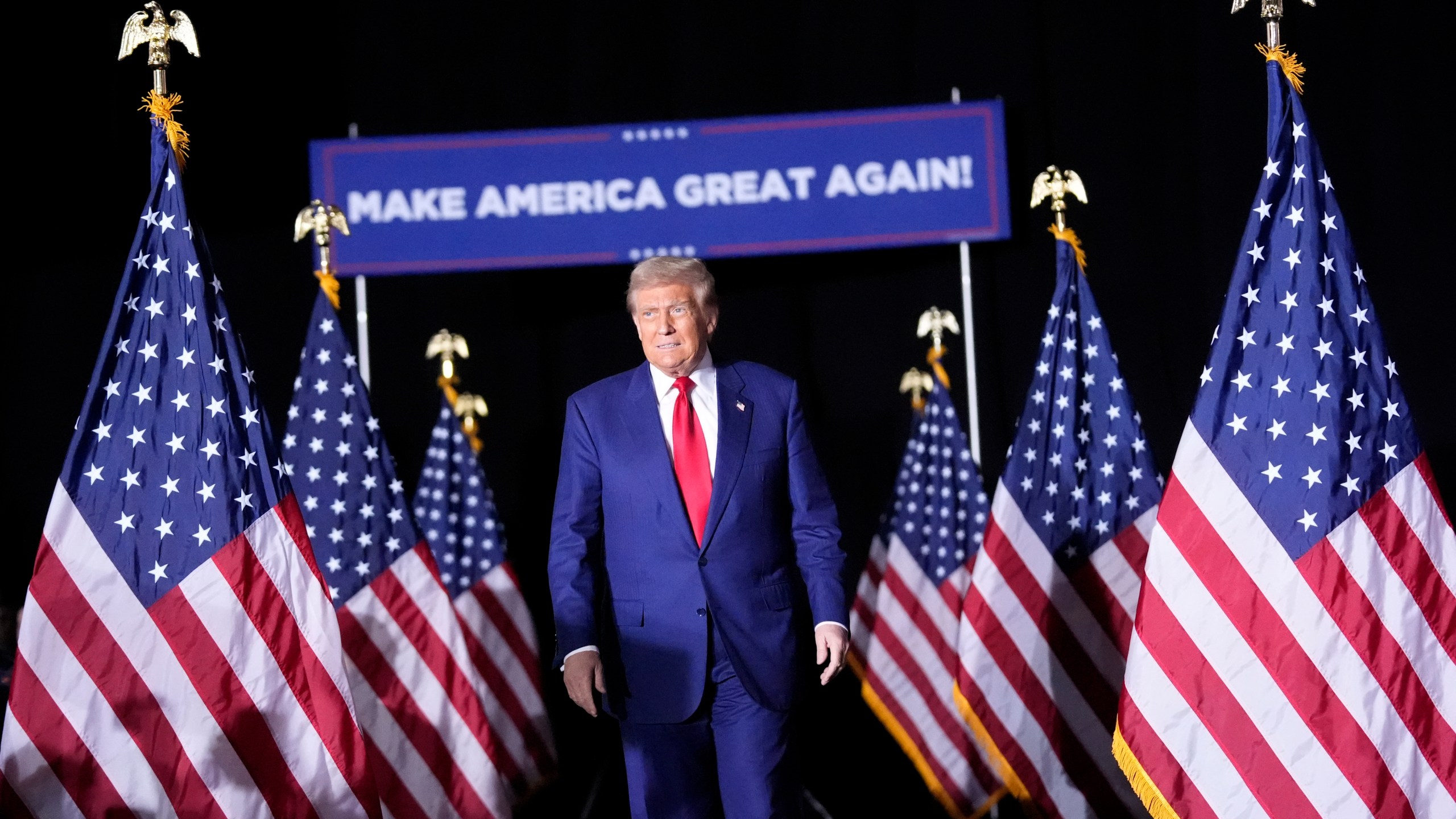 Republican presidential nominee former President Donald Trump arrives to speak during a campaign rally at the Suburban Collection Showplace, Saturday, Oct. 26, 2024, in Novi, Mich. (AP Photo/Alex Brandon)