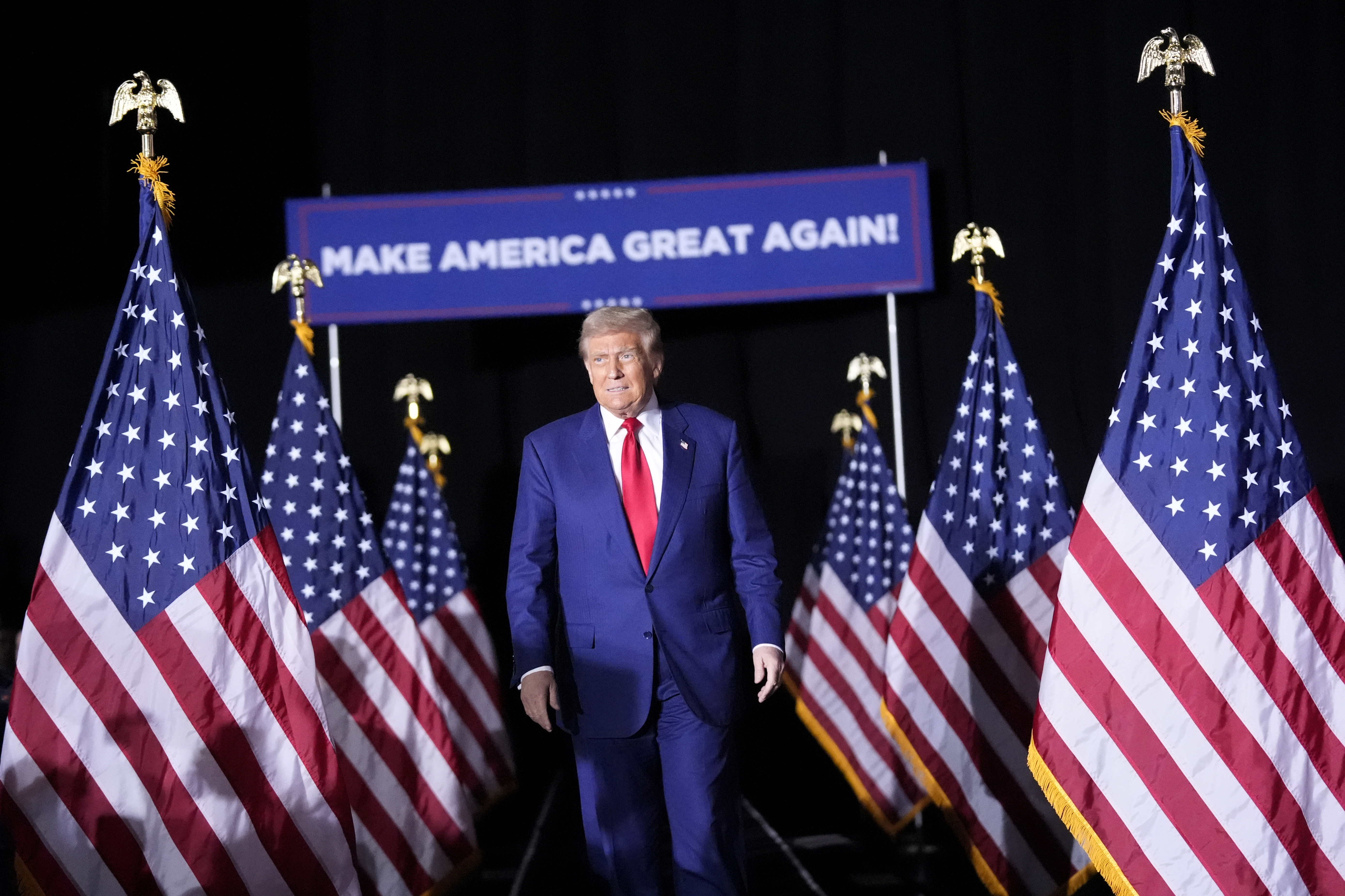 Republican presidential nominee former President Donald Trump arrives to speak during a campaign rally at the Suburban Collection Showplace, Saturday, Oct. 26, 2024, in Novi, Mich. (AP Photo/Alex Brandon)