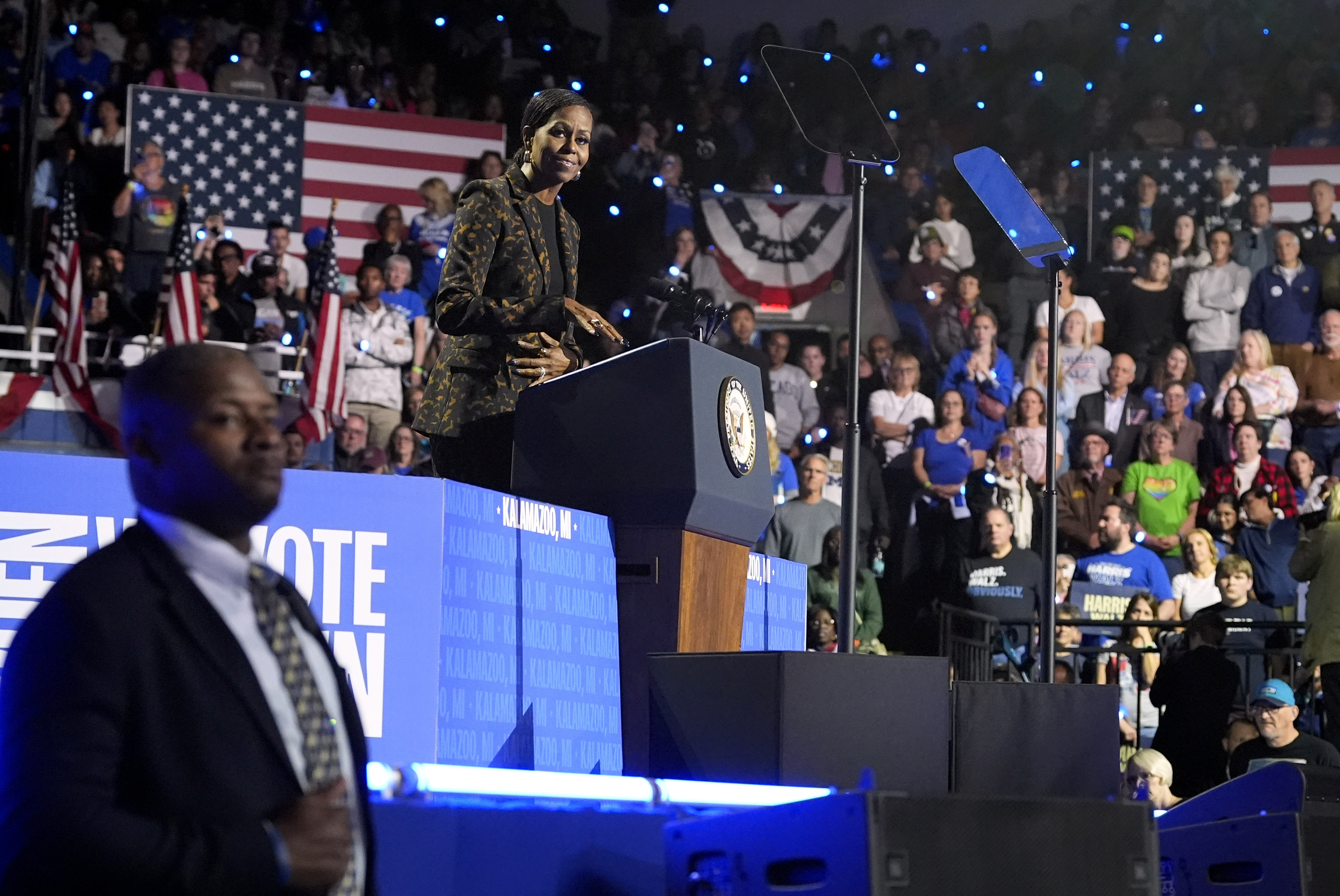 Former first lady Michelle Obama speaks at a campaign rally for democratic presidential nominee Vice President Kamala Harris at the Wings Event Center, in Kalamazoo, Mich., Saturday, Oct. 26, 2024.(AP Photo/Jacquelyn Martin)