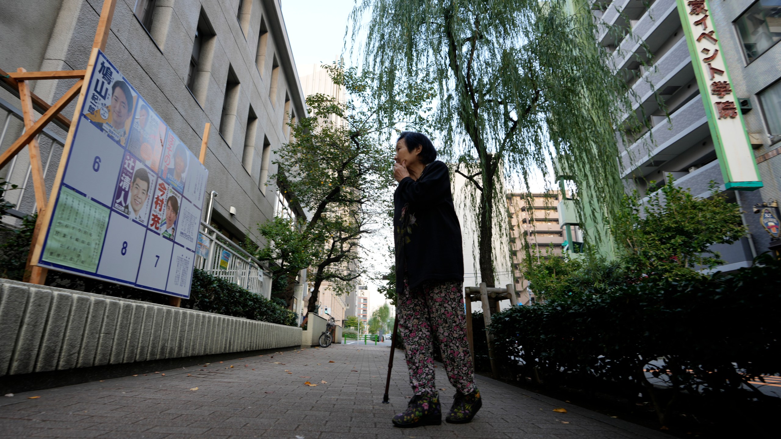 A woman looks at a billboard with candidates campaign posters for Japan's lower house election installed at a polling station in Tokyo, Japan, Sunday, Oct. 27, 2024. (AP Photo/Hiro Komae)