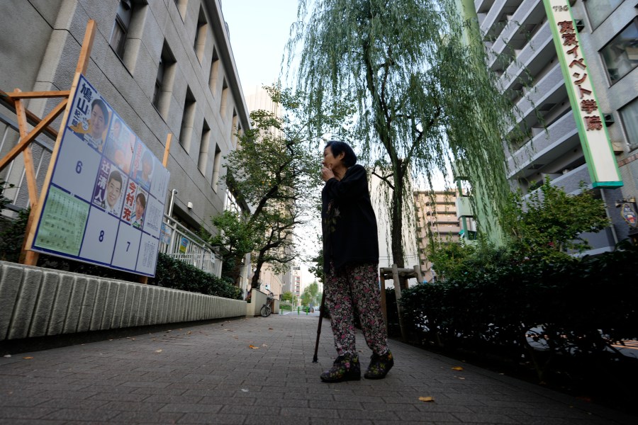 A woman looks at a billboard with candidates campaign posters for Japan's lower house election installed at a polling station in Tokyo, Japan, Sunday, Oct. 27, 2024. (AP Photo/Hiro Komae)