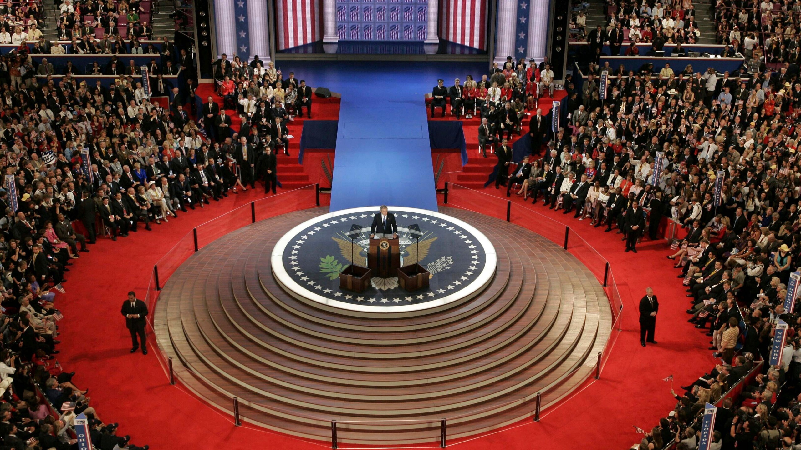 FILE - President George W. Bush addresses the Republican National Convention at Madison Square Garden in New York, Thursday, Sept. 2, 2004. (AP Photo/Stephan Savoia, File)